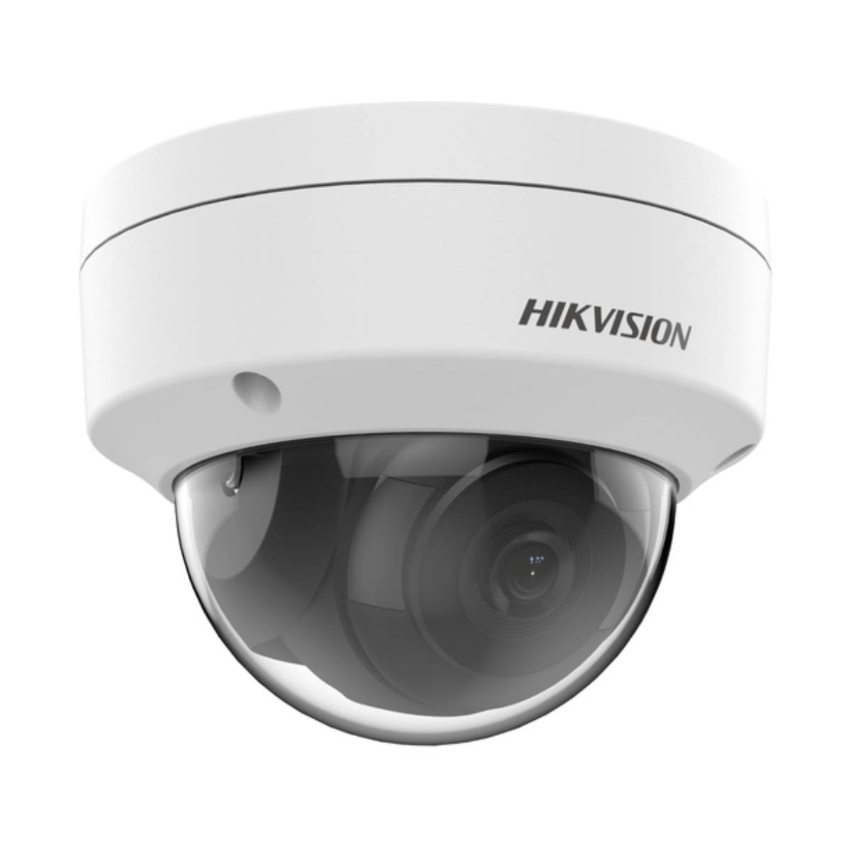Una telecamera di sicurezza bianca con un obiettivo a forma di cupola. Il marchio 'HIKVISION' è stampato sul corpo.