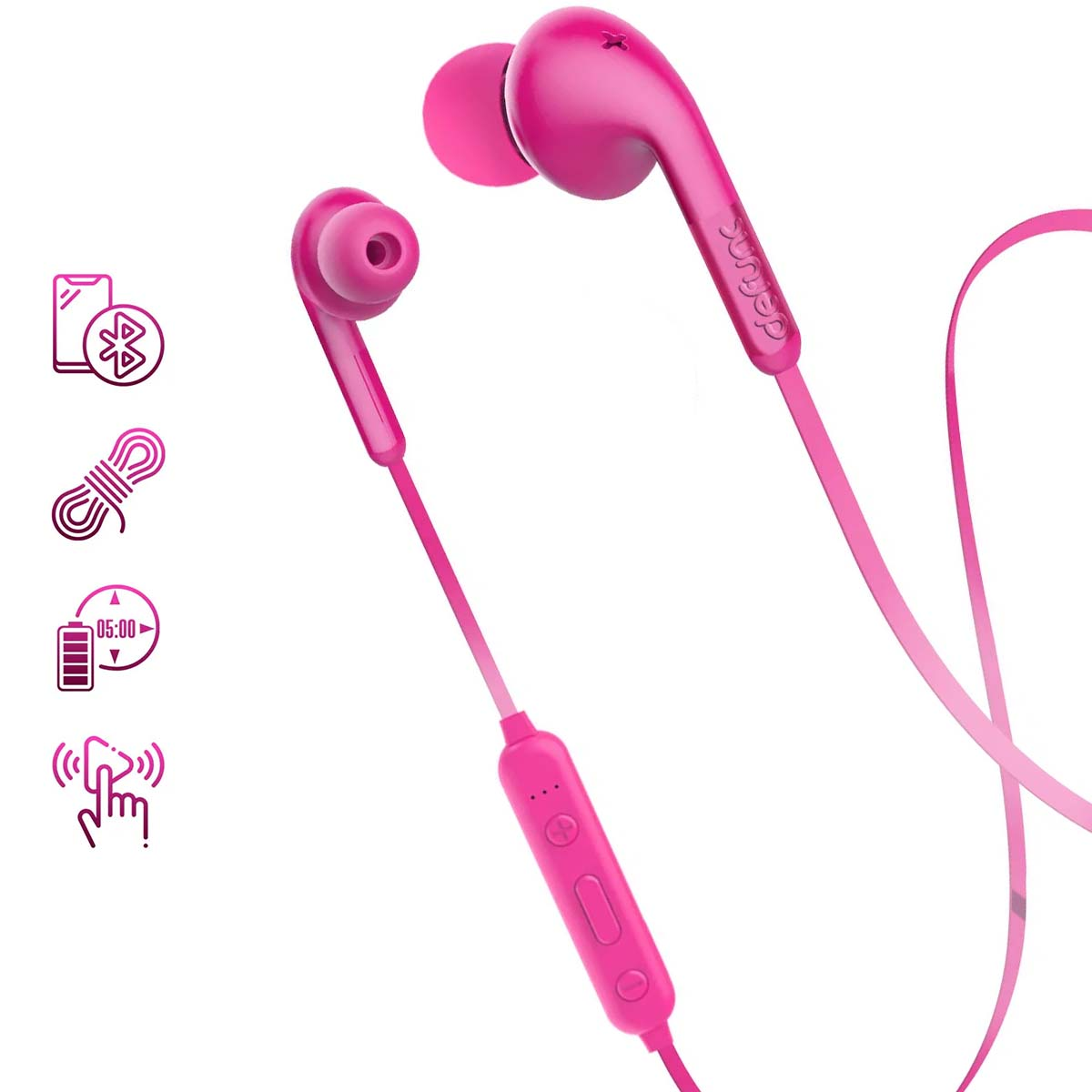 Cuffie intrauricolari rosa con pannello di controllo e icone Bluetooth, corda, batteria e onde sonore su sfondo bianco.