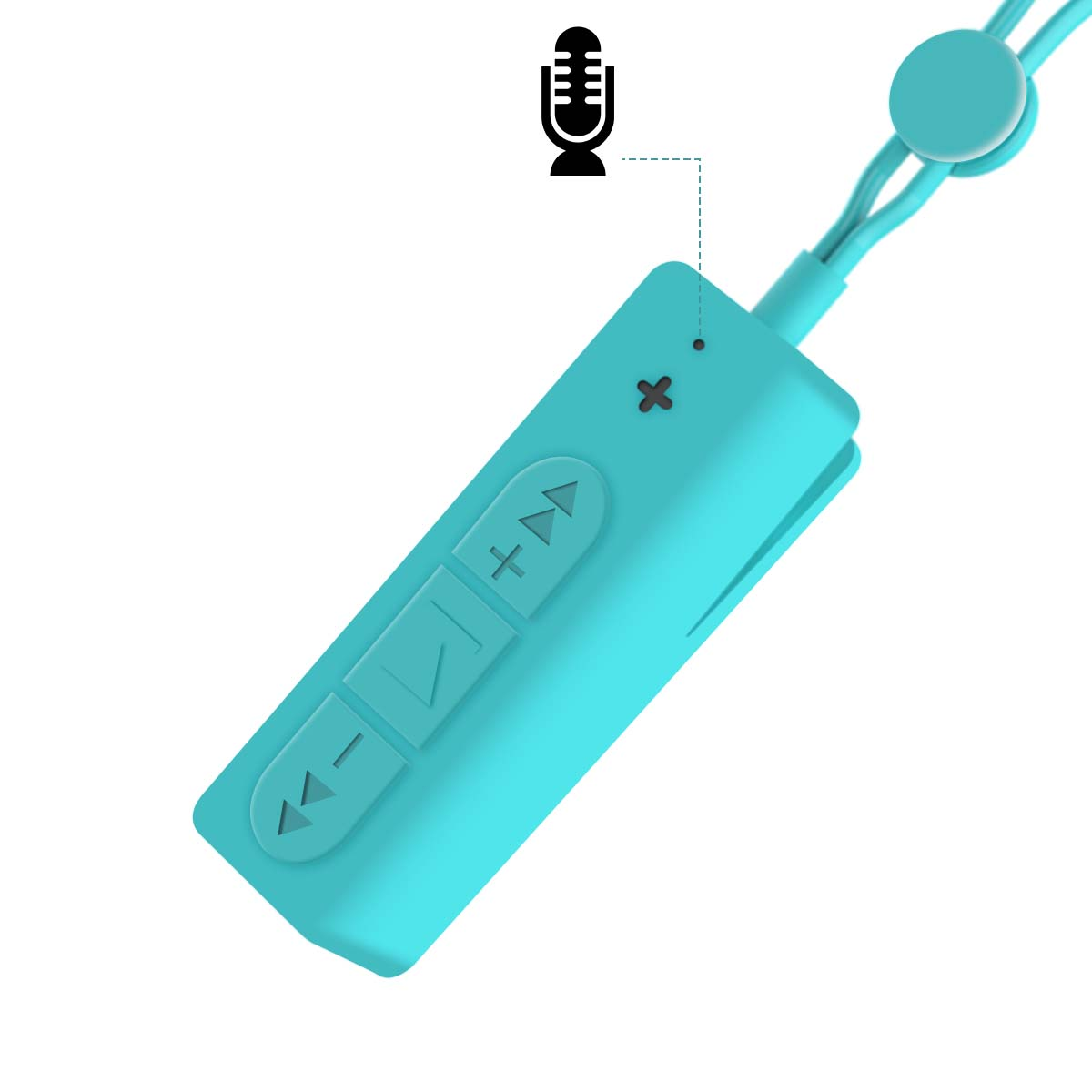 Eine türkisblaue Bluetooth-Medienfernbedienung mit Tasten für Lautstärke, Wiedergabe/Pause und Überspringen. Ein Mikrofonsymbol ist darüber.