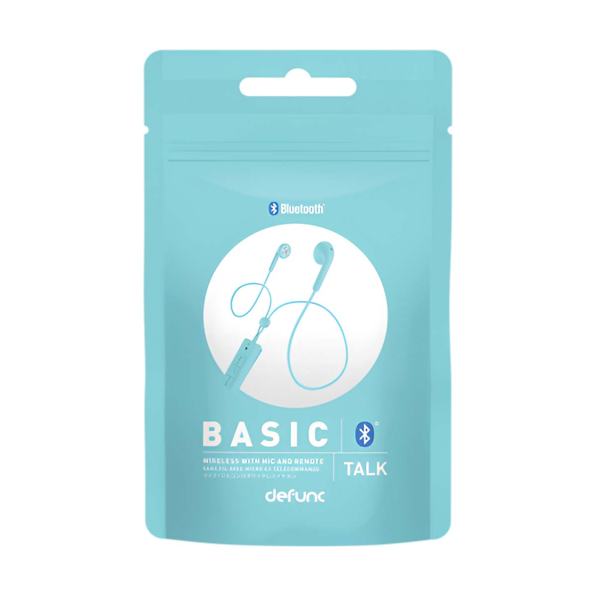 Eine hellblaue Verpackung mit einer Headset-Grafik. Der Text lautet 'BASIC' und 'WIRELESS WITH MIC AND REMOTE'. Bluetooth-Logo sichtbar.