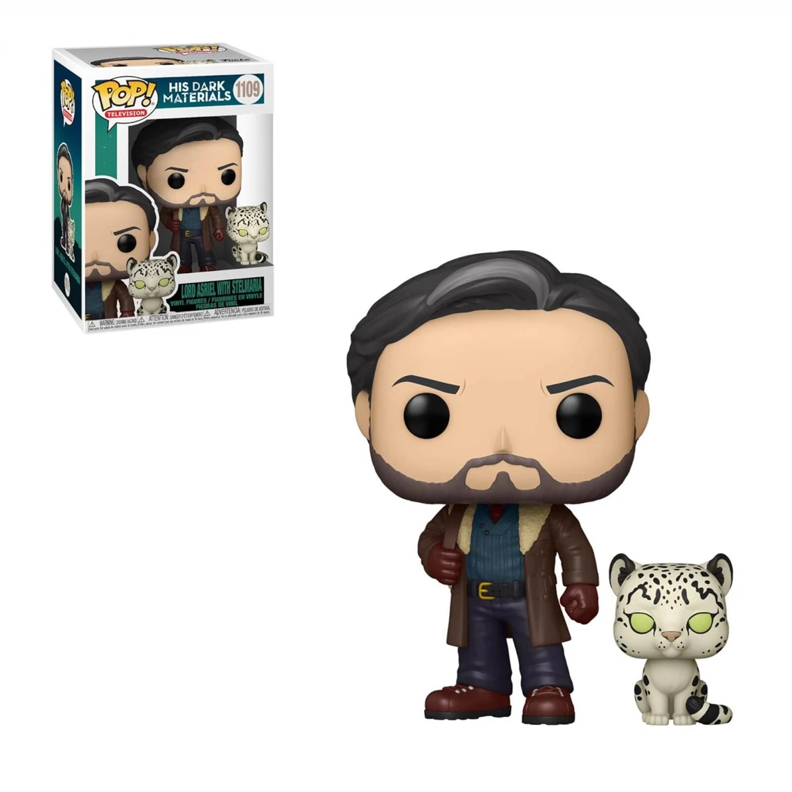 Funko Pop-Figur von Lord Asriel mit Stelmaria aus His Dark Materials. Enthält Schachtel und eine weiße Schneeleoparden-Figur.