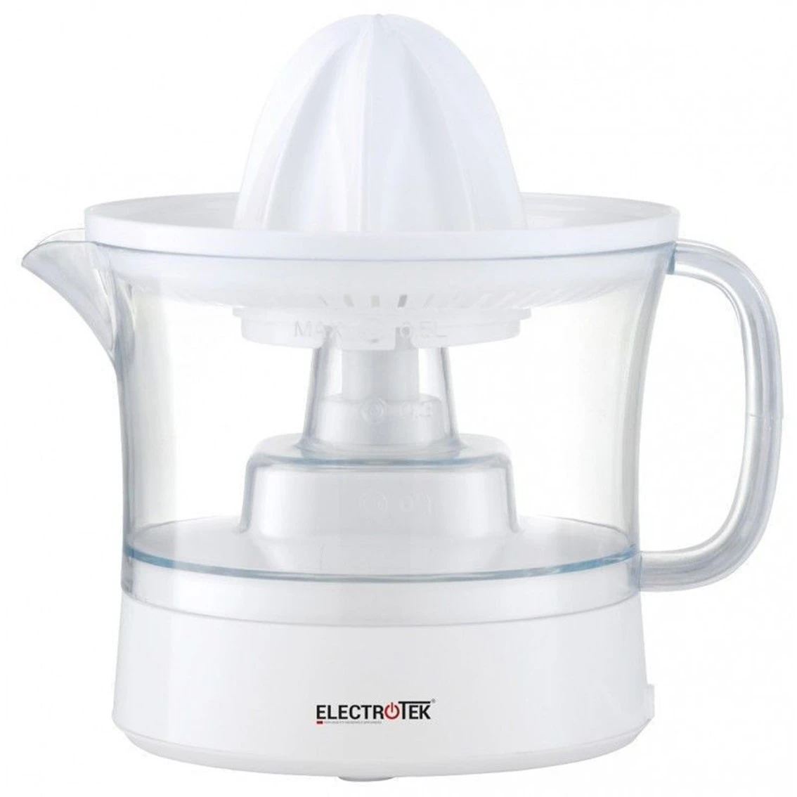 Un exprimidor de cítricos eléctrico blanco y transparente. Tiene un reamer blanco, una jarra transparente y una base blanca con la marca 'ELECTROTEK'.