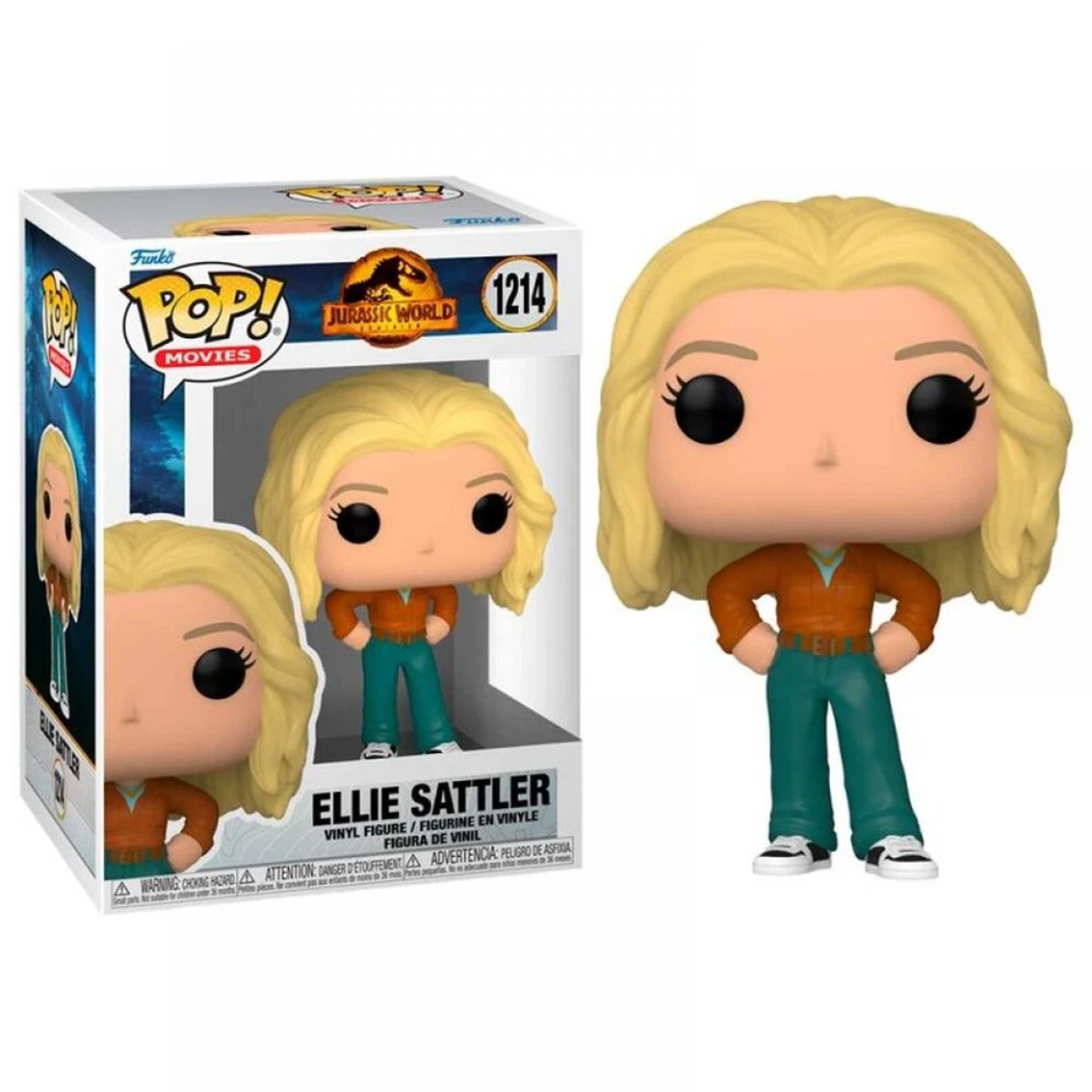 Una figura de Funko Pop de Ellie Sattler de Jurassic World. Tiene cabello rubio, una camisa naranja, pantalones verde azulado y está junto a su caja.