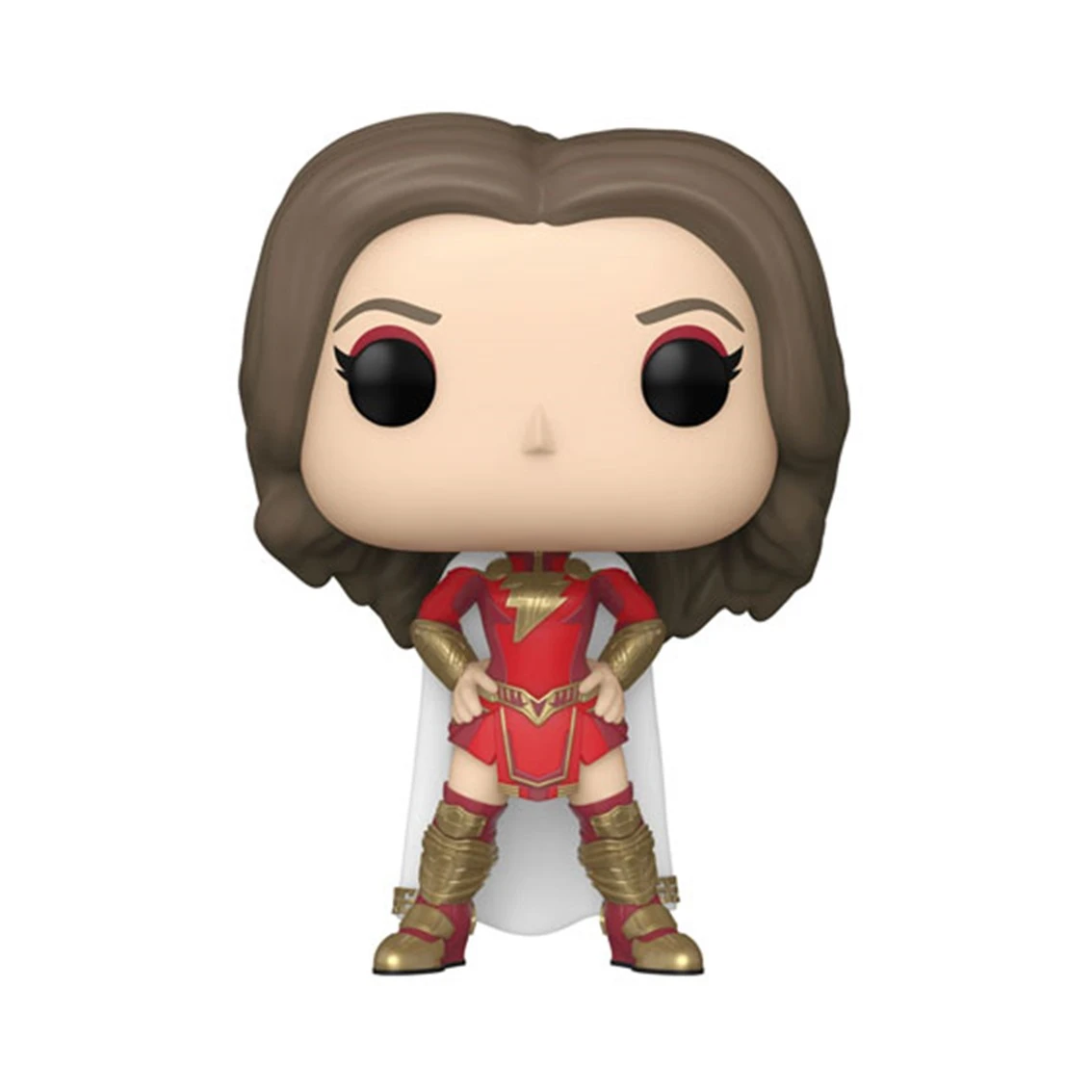 Eine Shazam Funko Pop Figur steht da und trägt ein rotes Kostüm mit goldenen Akzenten und einem weißen Umhang. Sie hat braune Haare und große schwarze Augen.