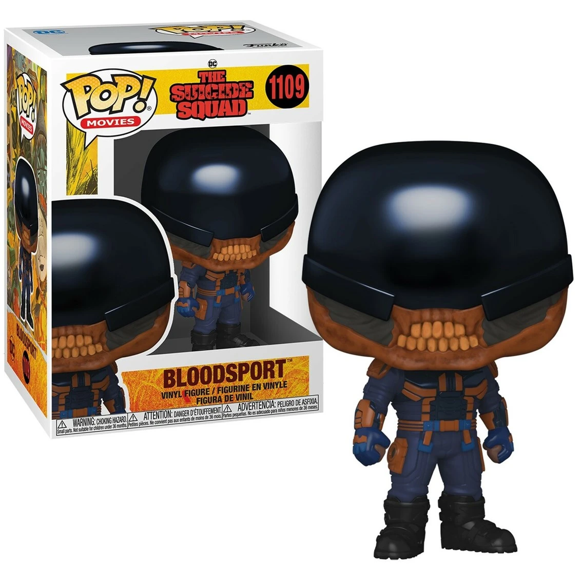 Eine Bloodsport Funko Pop Figur. Sie hat einen schwarzen Helm, ein orangefarbenes, schädelähnliches Gesicht und einen blau-orangenen Anzug. Die Figur ist in einer Box.