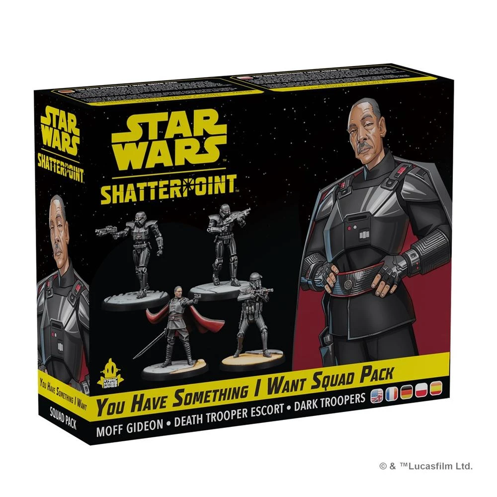 Arte de caja de Star Wars Shatterpoint Squad Pack. Presenta figuras de Moff Gideon, Death Troopers y Dark Troopers. El texto dice 'You Have Something I Want'.