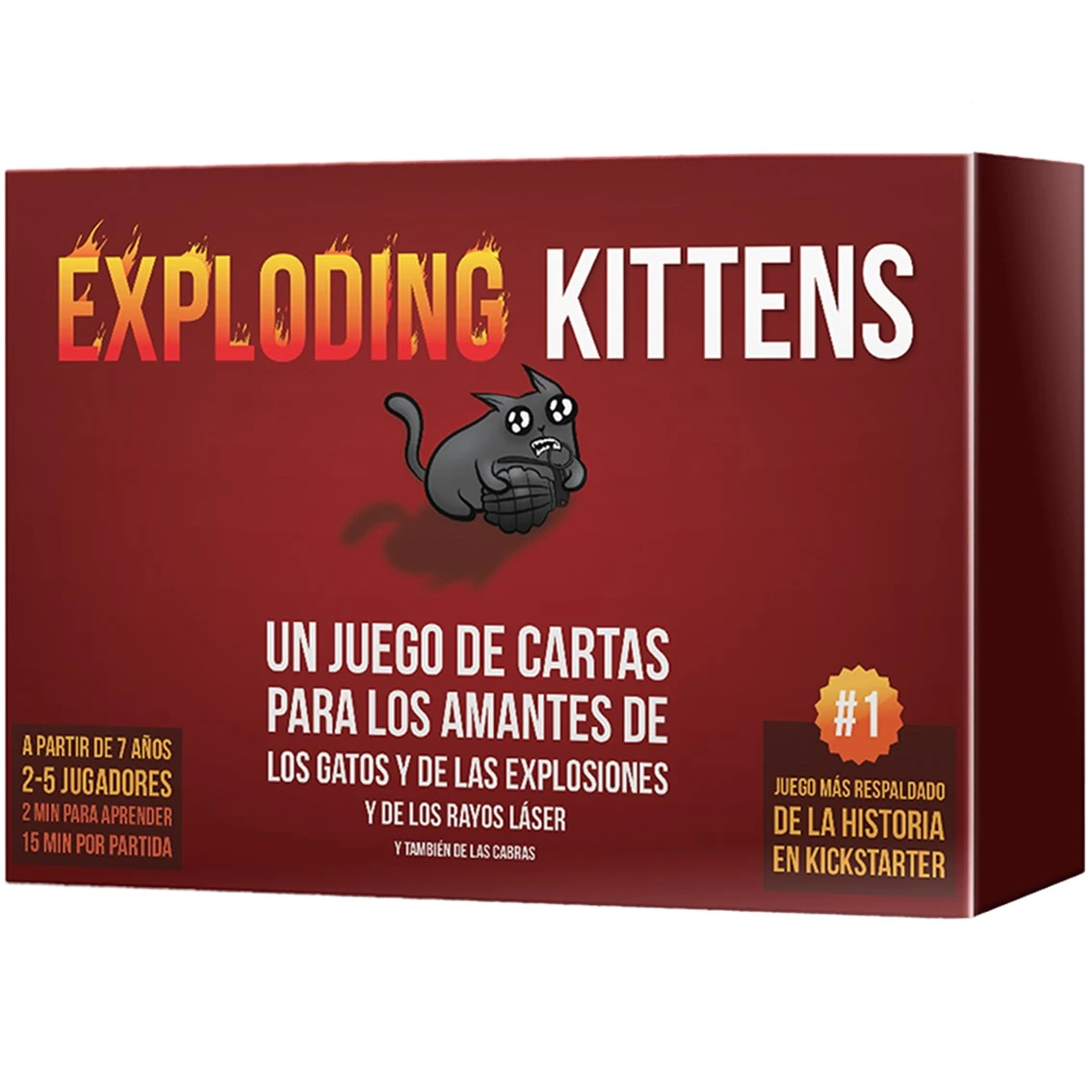 Scatola del gioco Exploding Kittens. Gatto dei cartoni animati con bomba, testo in spagnolo. Dettagli del gioco e riferimento a Kickstarter.