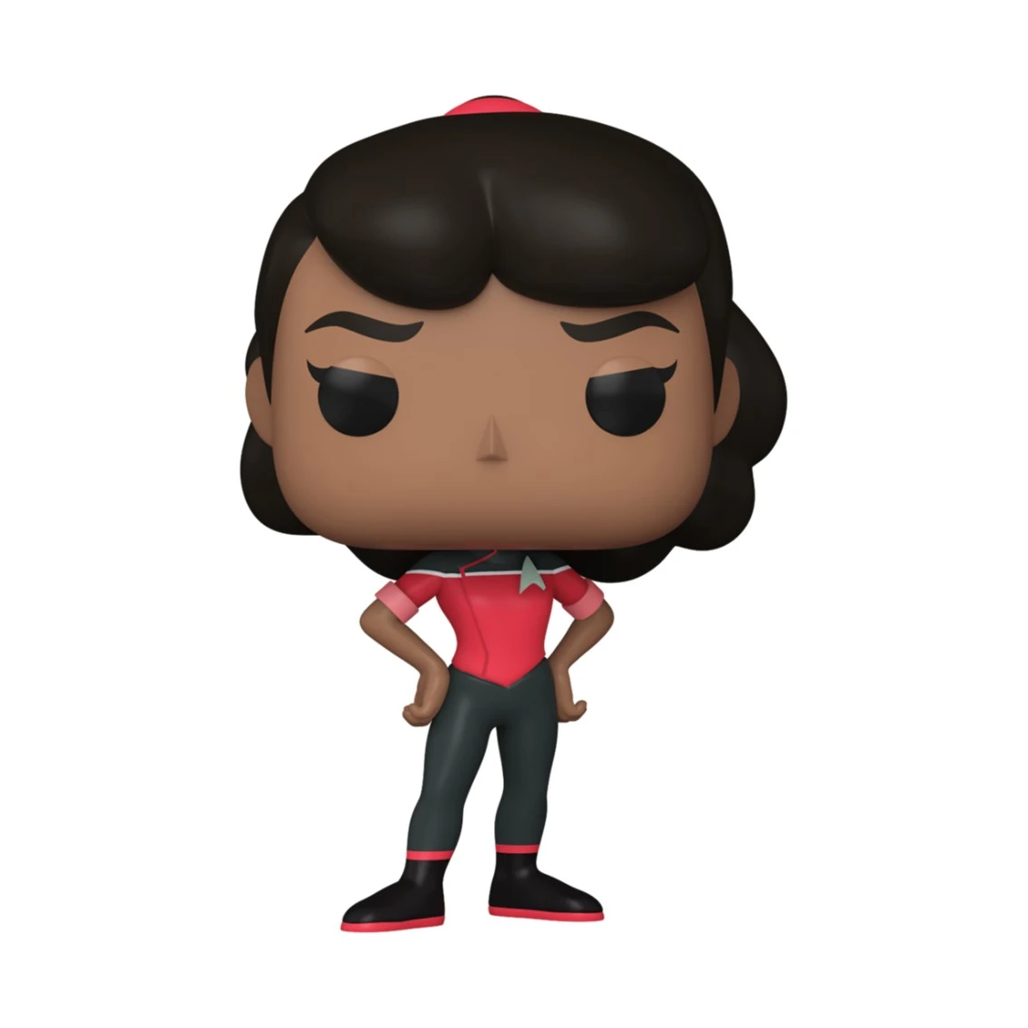 Figura Funko Pop de una mujer con uniforme rojo de Star Trek, manos en las caderas, cabello oscuro y expresión neutra.