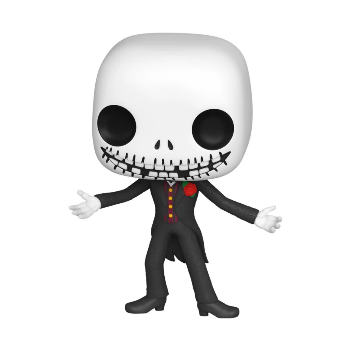 Figura di Jack Skellington. Testa bianca con occhi neri e sorriso cucito. Indossa un abito nero, una rosa rossa e guanti bianchi, braccia aperte.