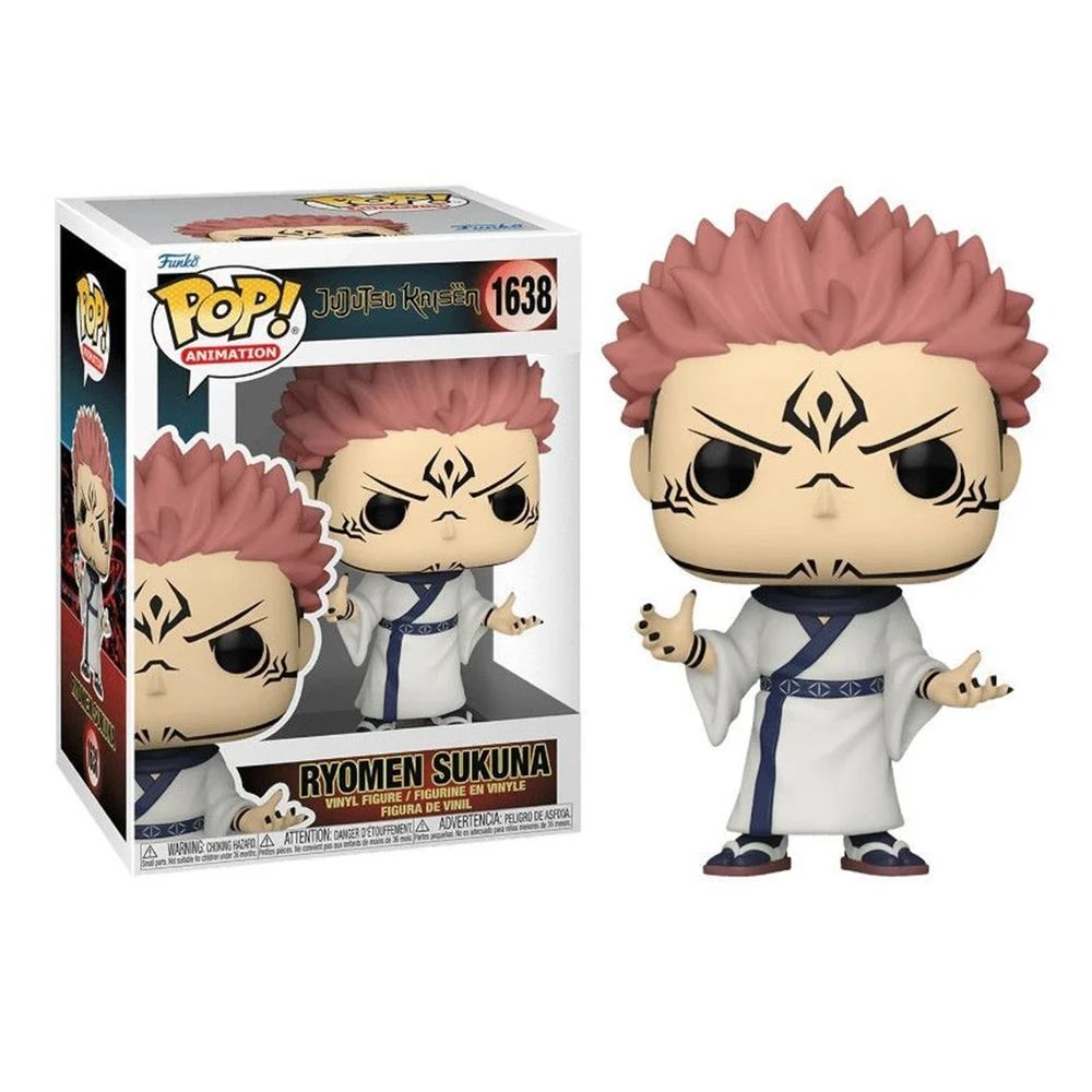 Figura Funko Pop de Ryomen Sukuna de Jujutsu Kaisen, con pelo rosa y marcas negras, vistiendo un atuendo blanco y una caja.