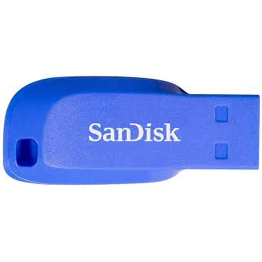 Une clé USB SanDisk bleue. La clé a un connecteur USB rectangulaire. Le logo SanDisk est en blanc.