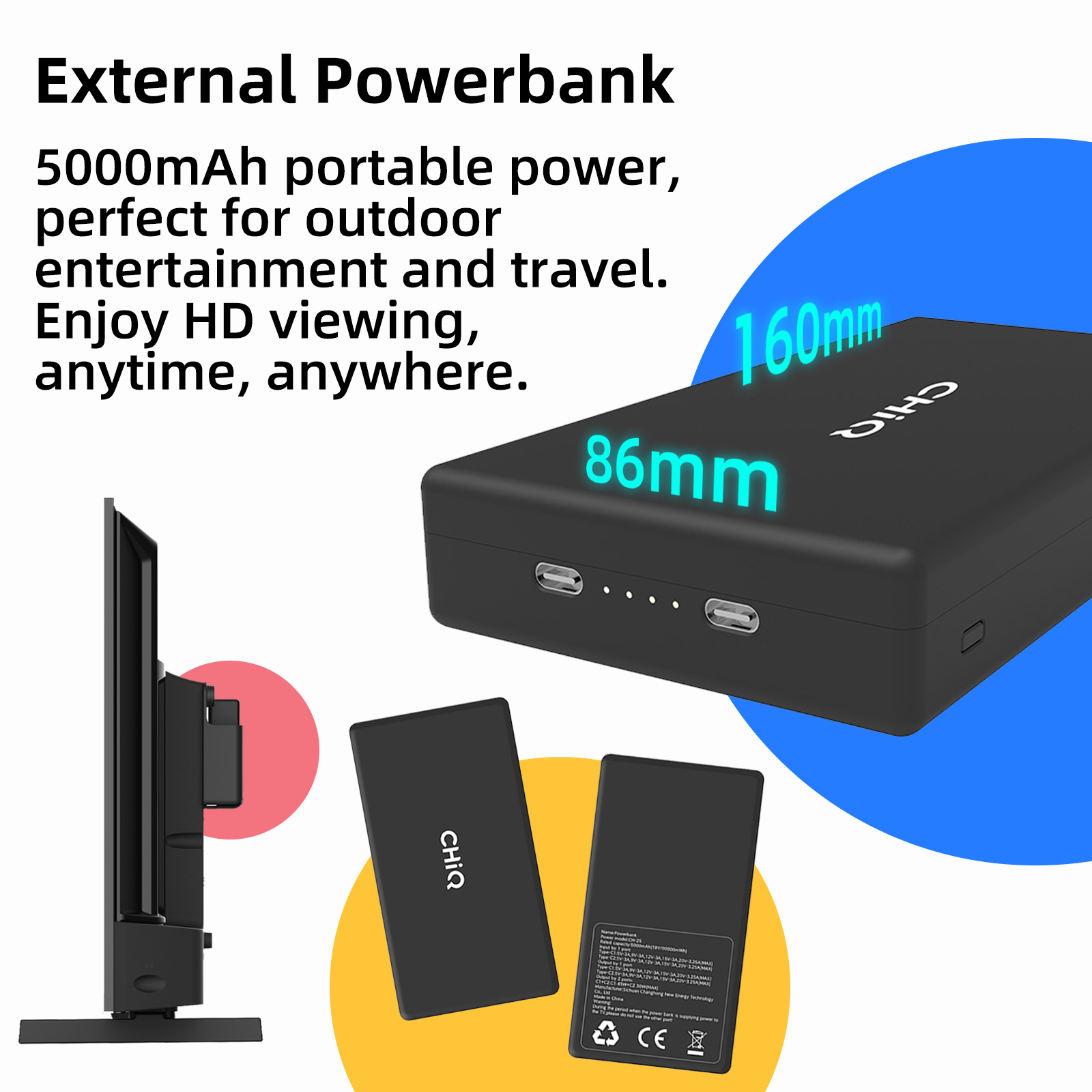 Czarny power bank z wymiarami, dwa mniejsze power banki i telewizor. Tekst: Zewnętrzny power bank, 5000mAh, ciesz się oglądaniem HD.
