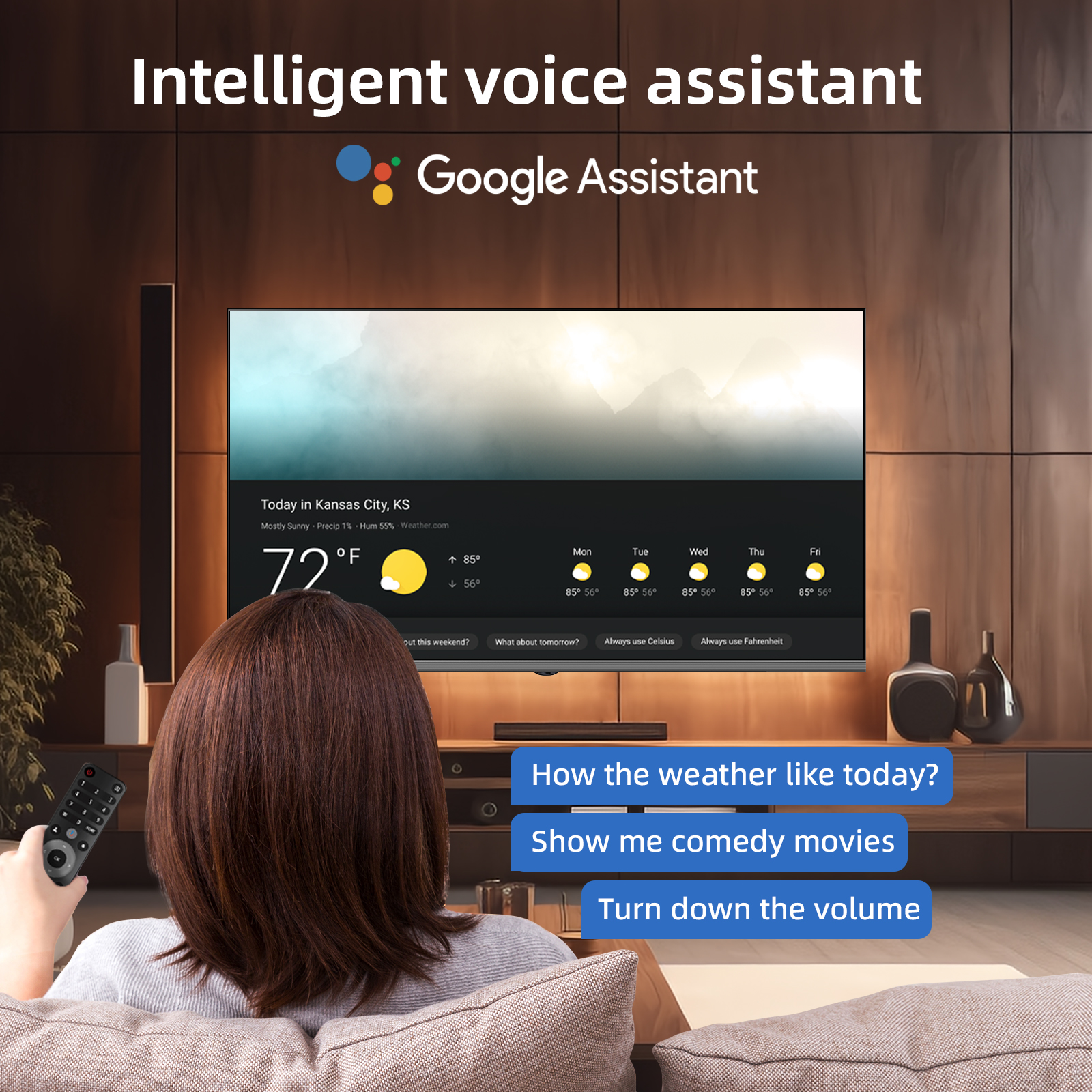 Kobieta z pilotem w pobliżu TV z informacjami o pogodzie. Logo Google Assistant u góry. Polecenia: pogoda, komedie, głośność.