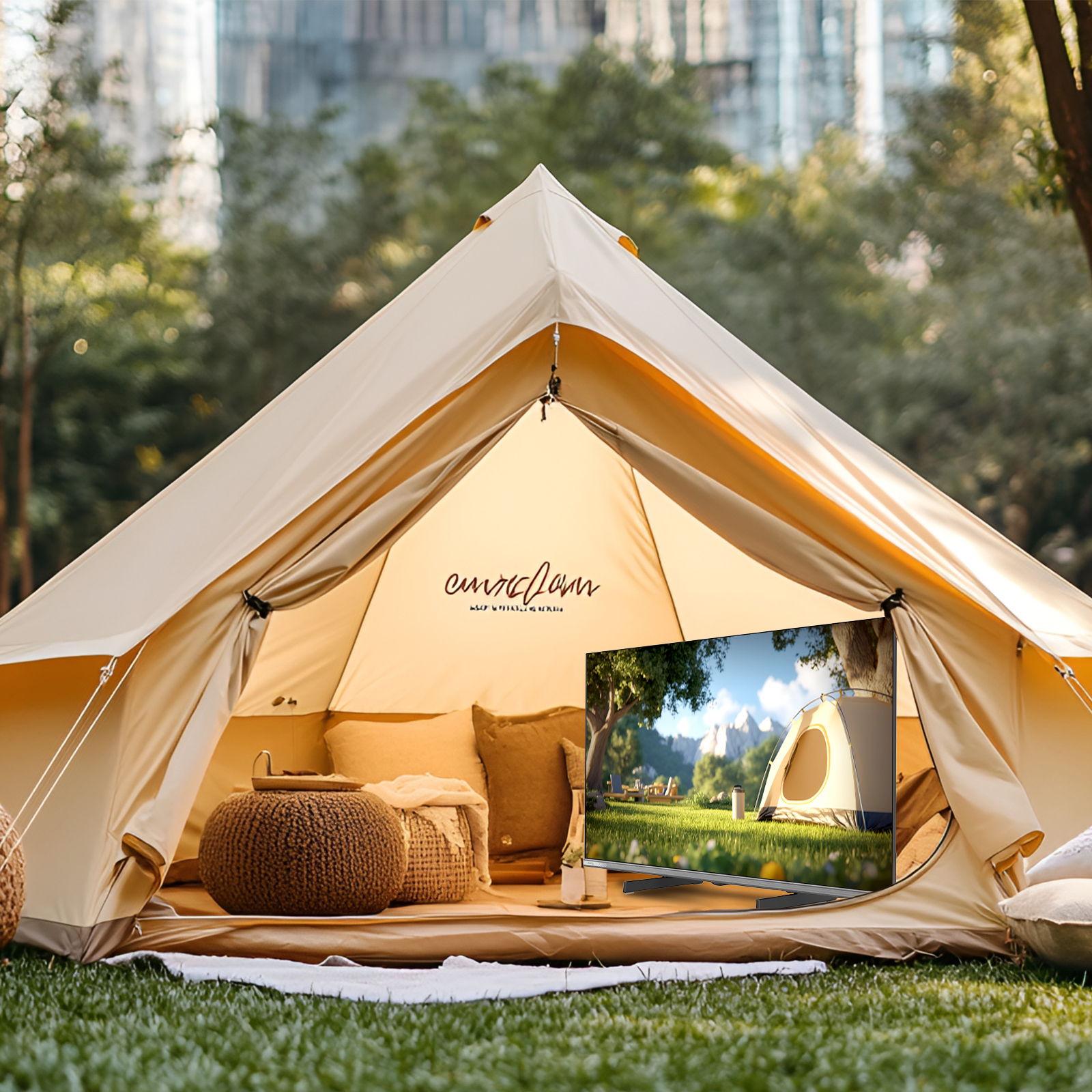 Beżowy namiot rozstawiony w parku, z telewizorem pokazującym inny namiot w malowniczym krajobrazie.