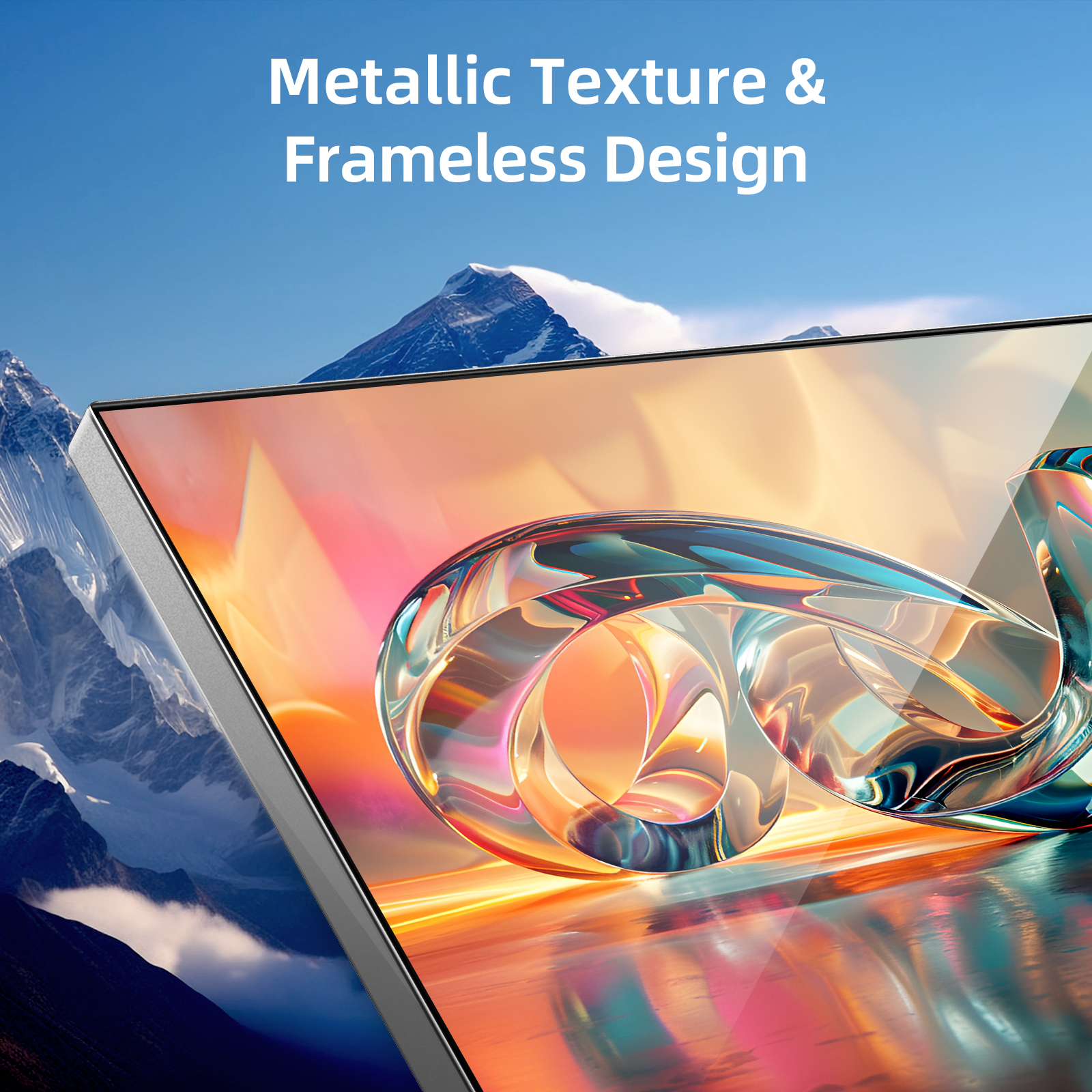 Monitor wyświetla metaliczny wzór z górami w tle oraz tekstem 'Metallic Texture & Frameless Design'.