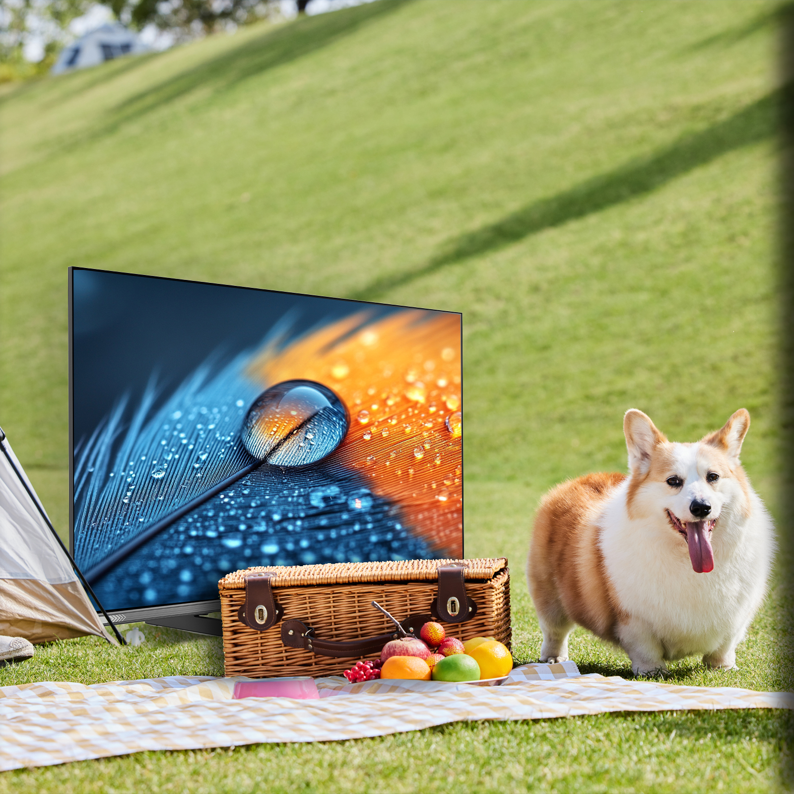 Pies rasy corgi z koszem piknikowym, owocami i telewizorem wyświetlającym pióro z kroplami wody na kraciastej narzucie.