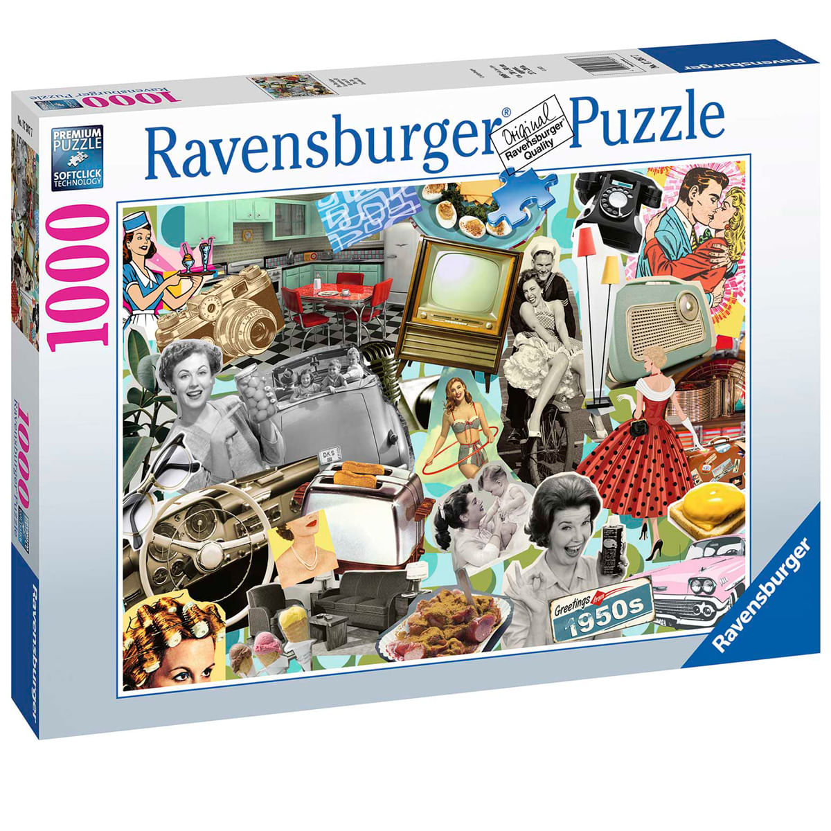 Una caja de rompecabezas Ravensburger con imágenes de los años 50: coches antiguos, gente, electrodomésticos retro y una escena de restaurante. La caja dice '1000' y 'Puzzle'.
