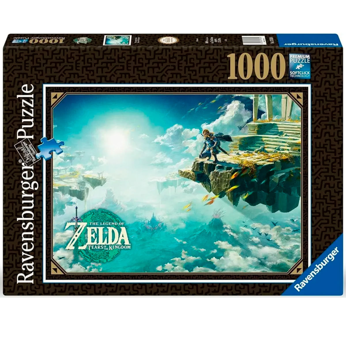 Puzzle Zelda Tears of the Kingdom. Postać stoi na klifie, patrząc na krajobraz z unoszącymi się wyspami i górami.