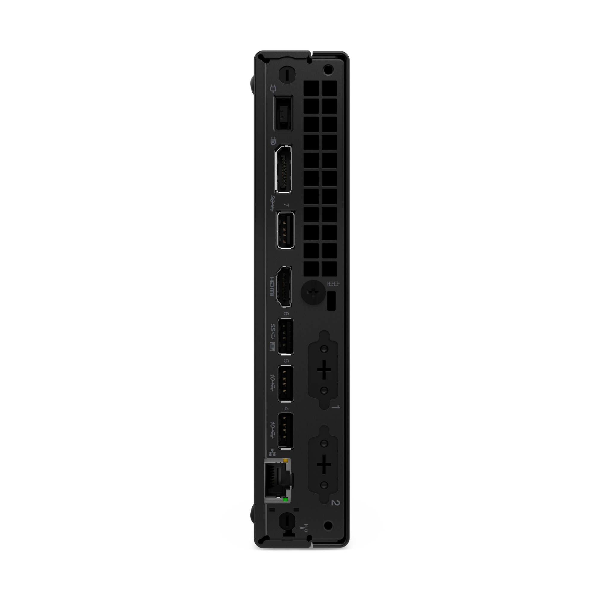 Mini PC nero con varie porte e connettori visibili. Include USB, HDMI e ingresso alimentazione, su sfondo bianco.