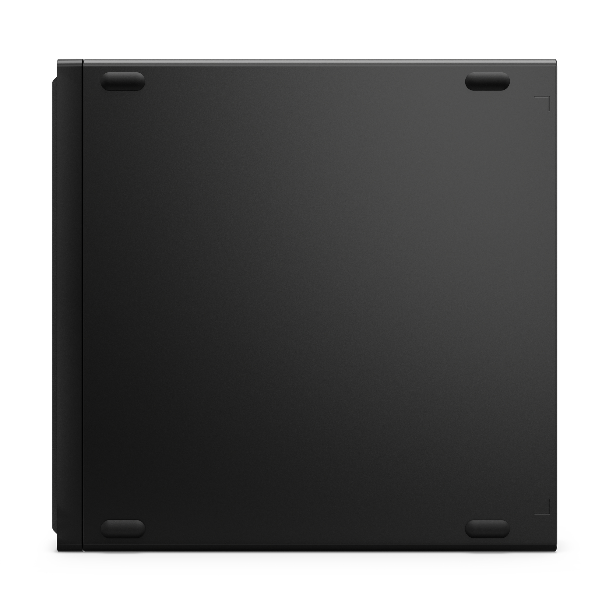 Base nera del case del computer. Sono visibili quattro piedini in gomma. La superficie è liscia e opaca. Lo sfondo è bianco.
