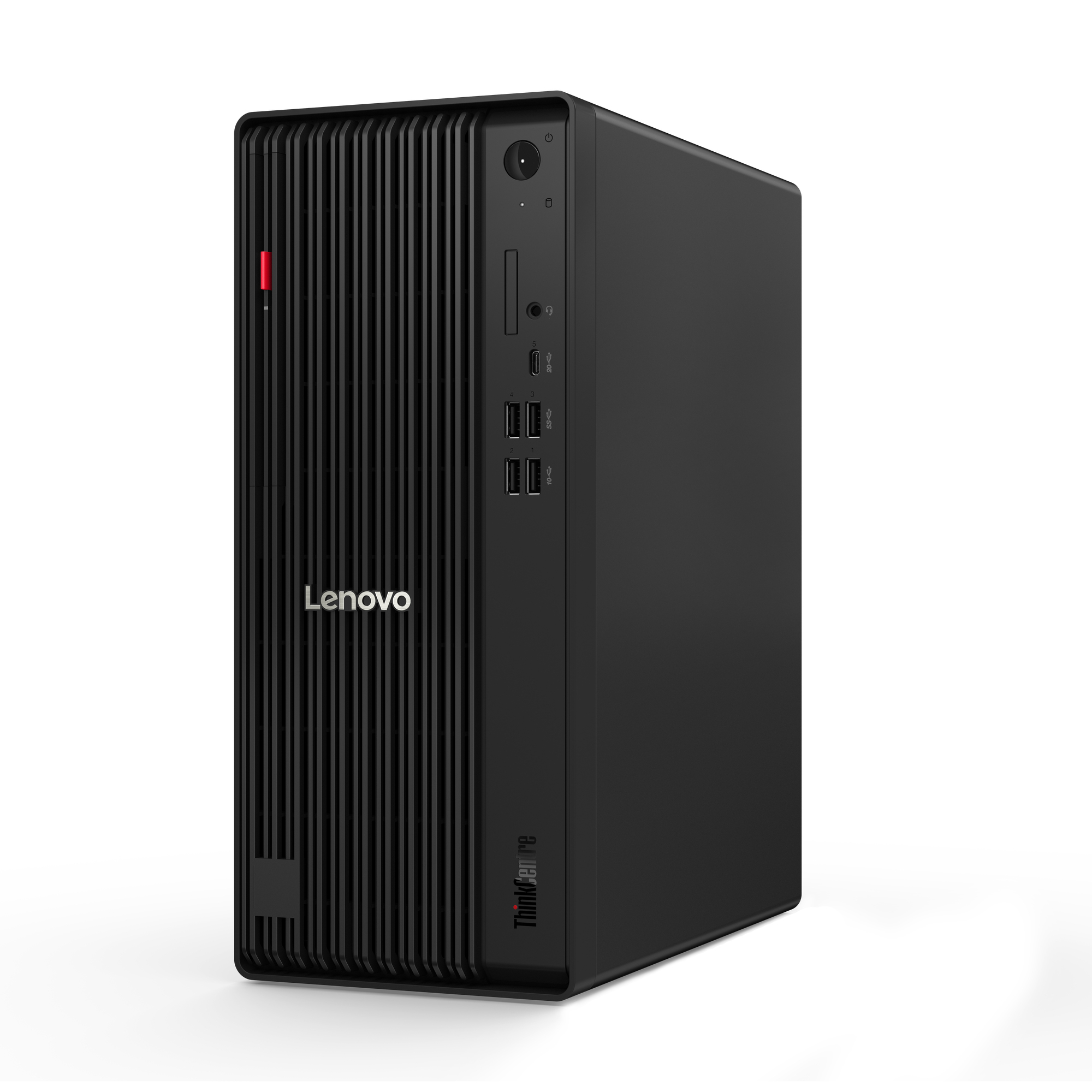 Computer desktop Lenovo nero. Ha un design verticale, con porte frontali. Il logo Lenovo è visibile.