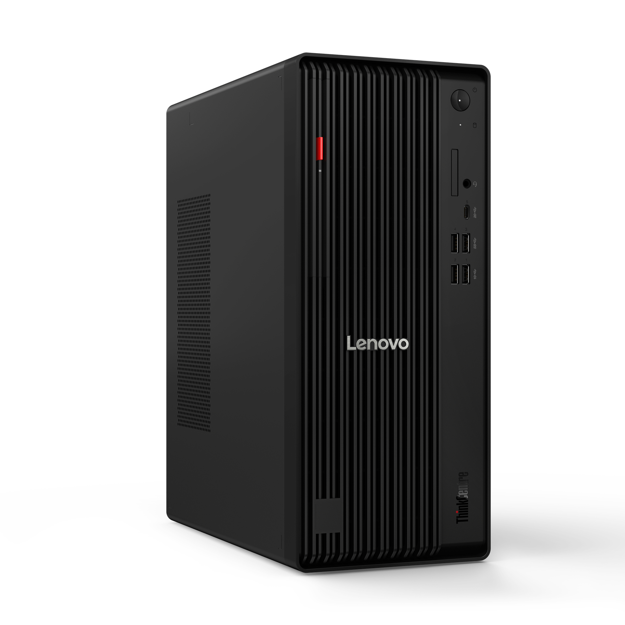 Computer desktop Lenovo ThinkCentre nero. Il pannello frontale ha pulsante di accensione, porte e indicatore rosso. Sfondo bianco.