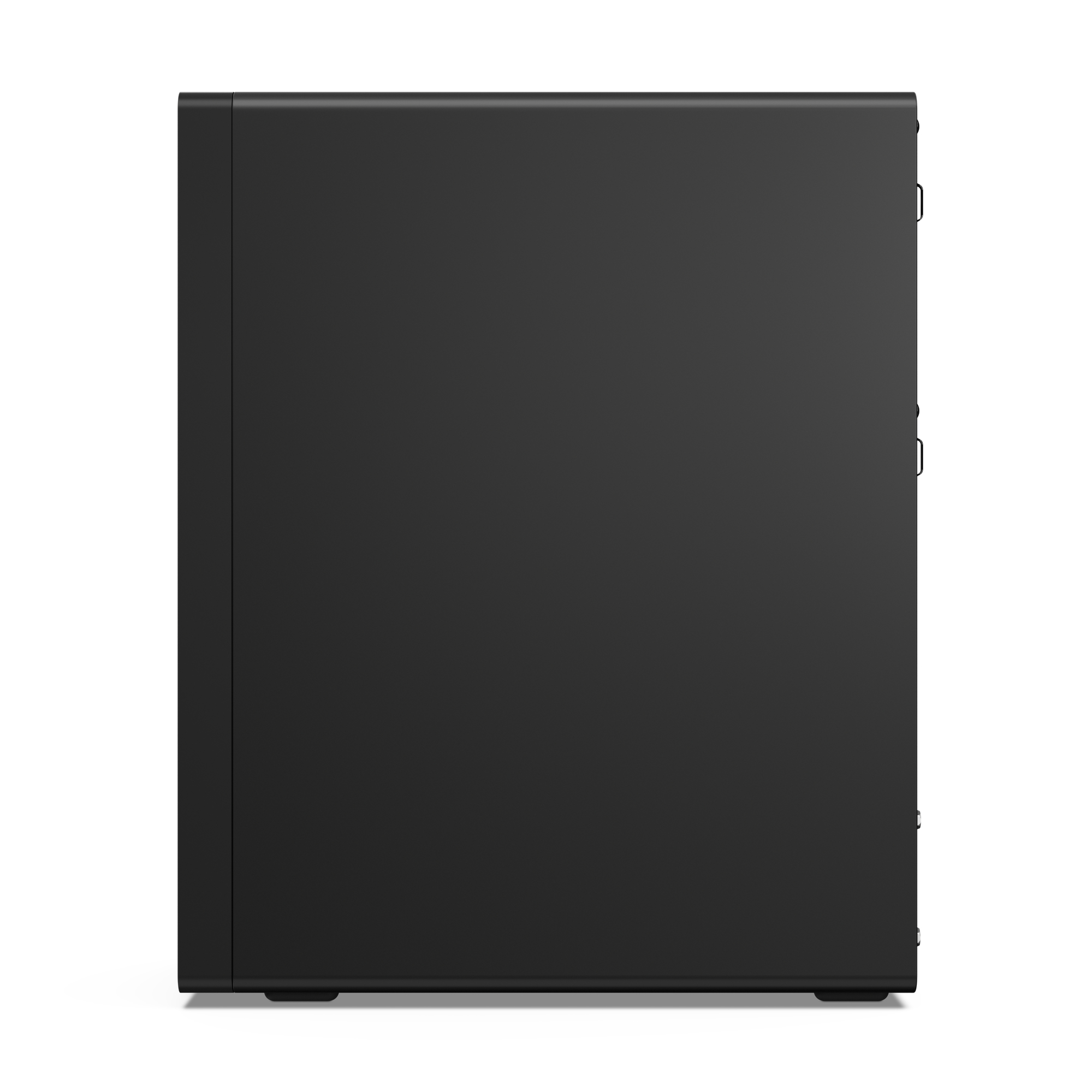 Un case nero per computer su sfondo bianco. Il lato del case è visibile.