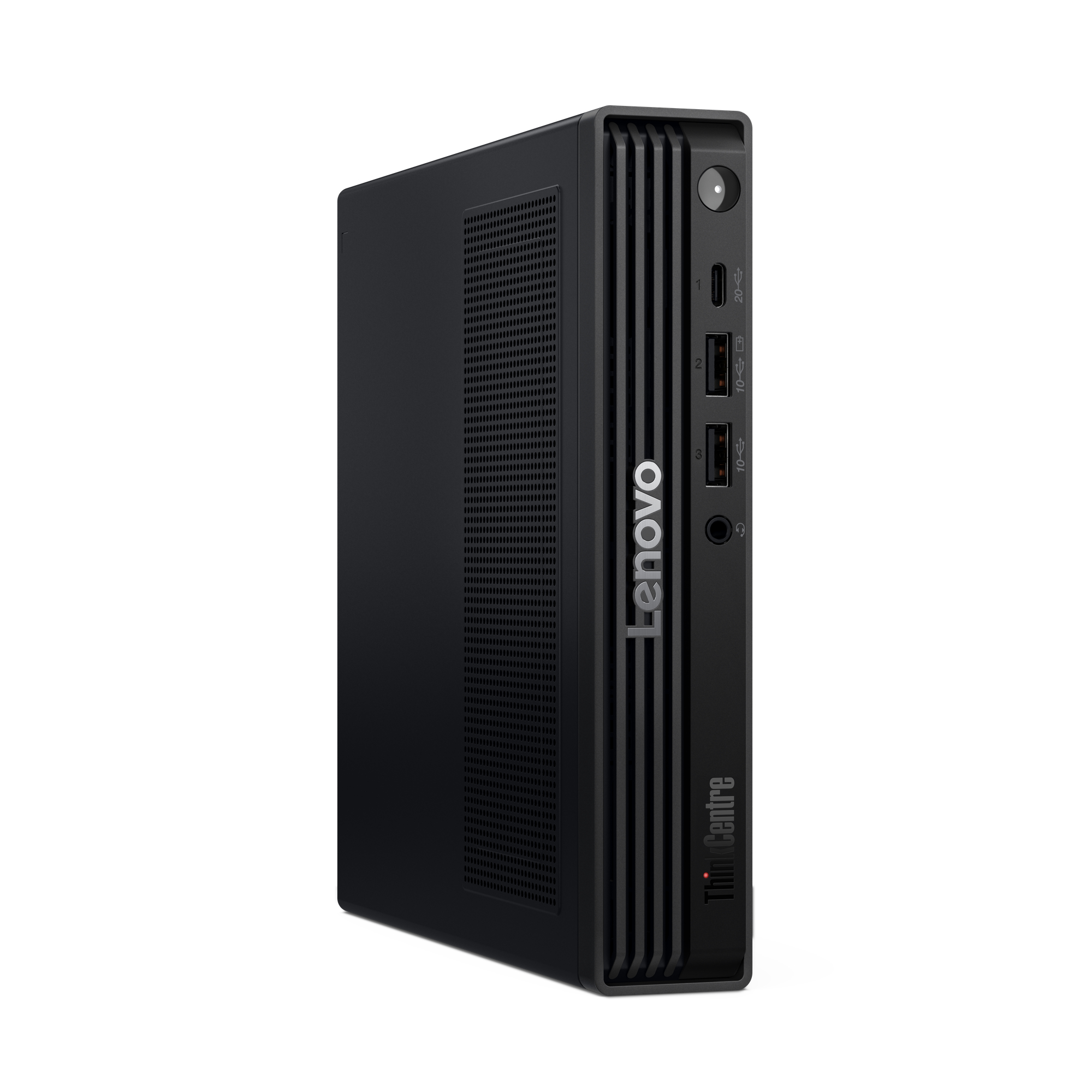 Czarny komputer Lenovo ThinkCentre. Ma elegancki design z portami. Białe tło.