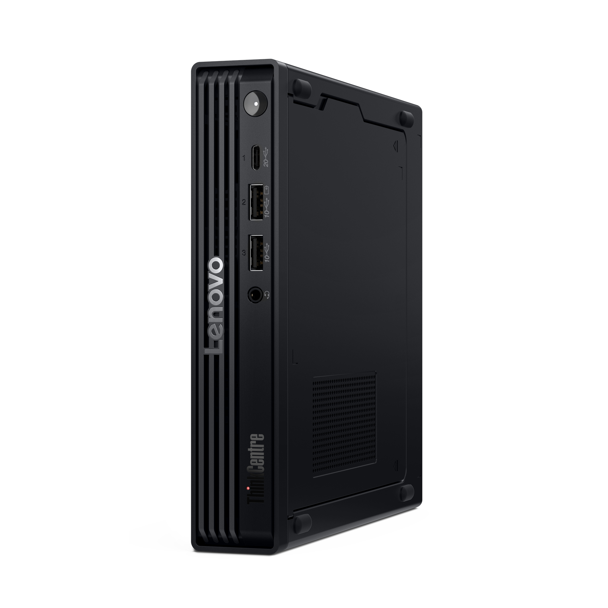 Czarny komputer stacjonarny Lenovo ThinkCentre. Posiada porty USB, gniazdo audio i przycisk zasilania. Widoczne logo Lenovo i ThinkCentre.