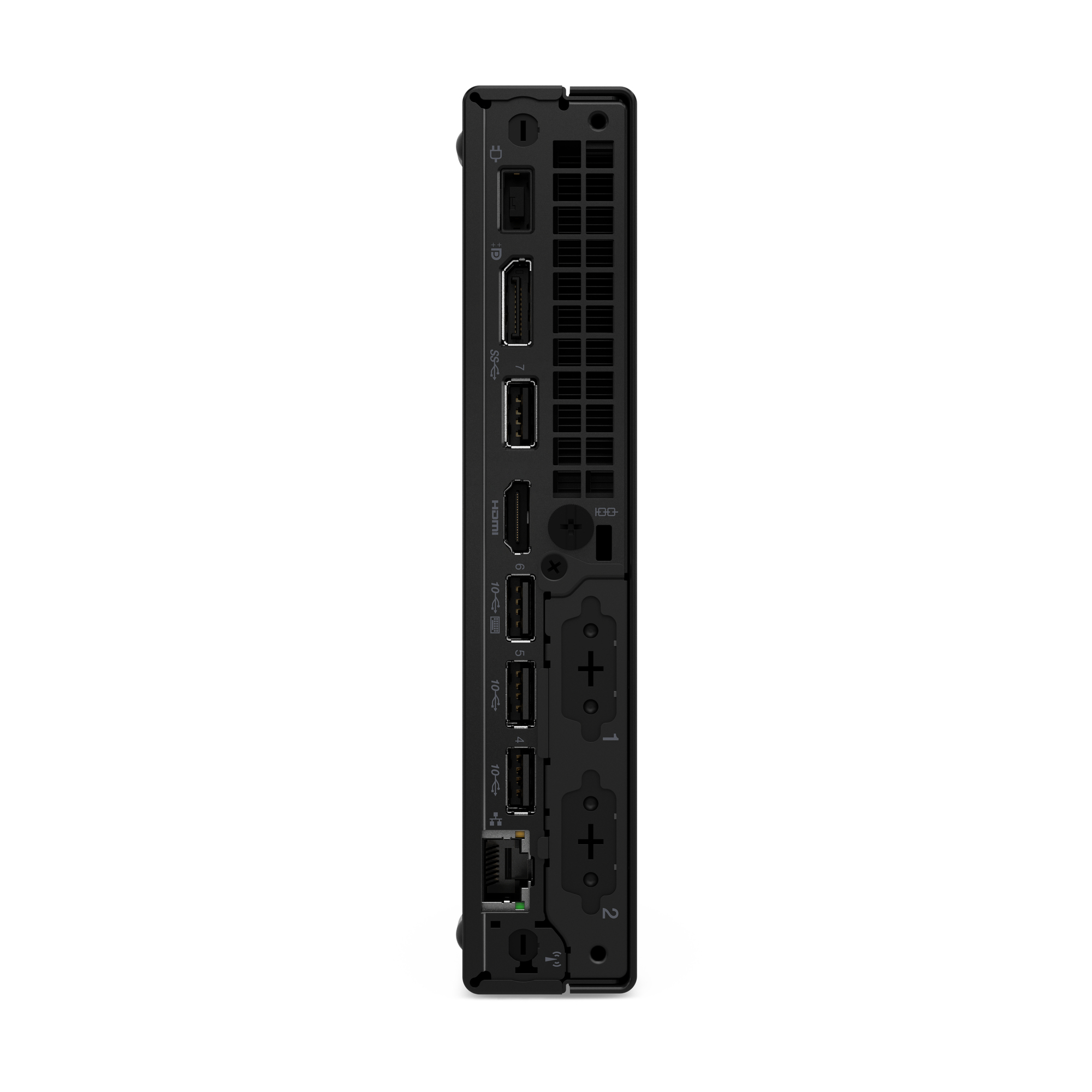 Czarne urządzenie komputerowe z różnymi portami i otworami wentylacyjnymi. Porty obejmują USB, HDMI i Ethernet.