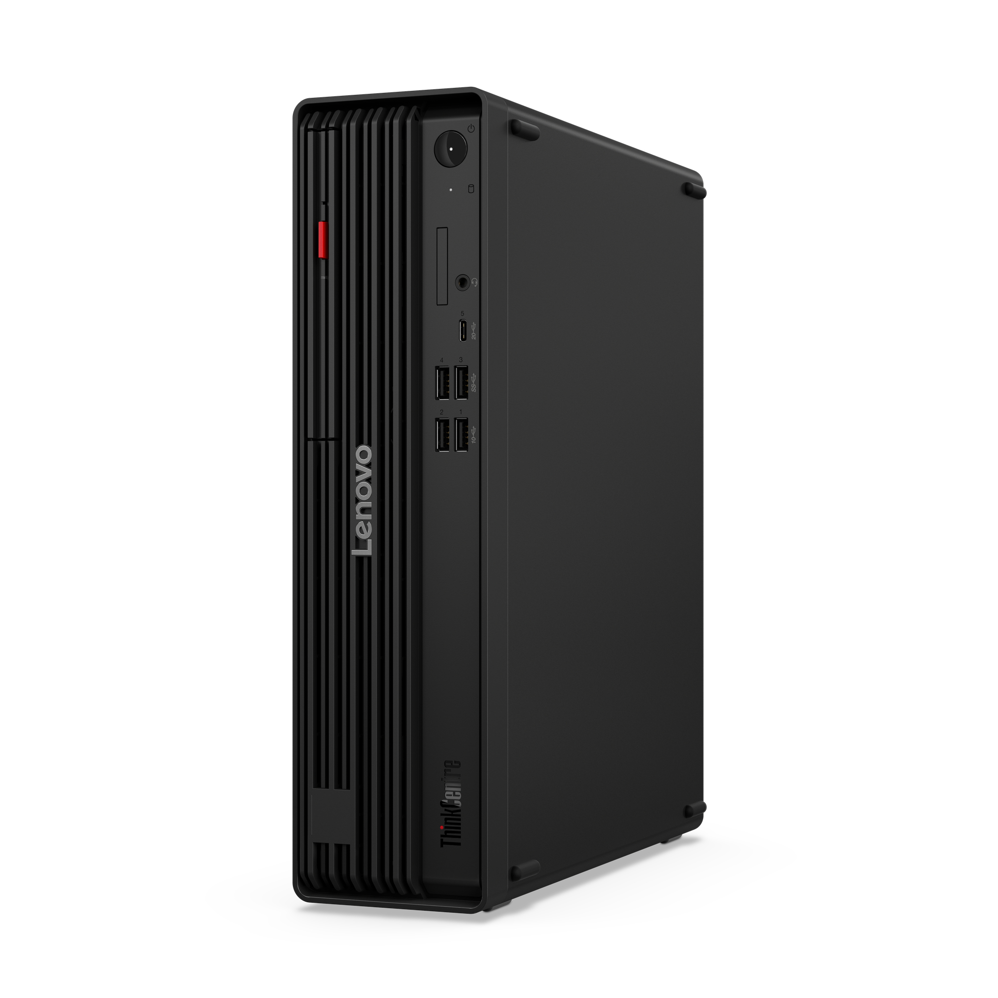 Computer desktop Lenovo ThinkCentre nero. Ha un pulsante di accensione, porte USB e un pulsante rosso. Sfondo bianco.