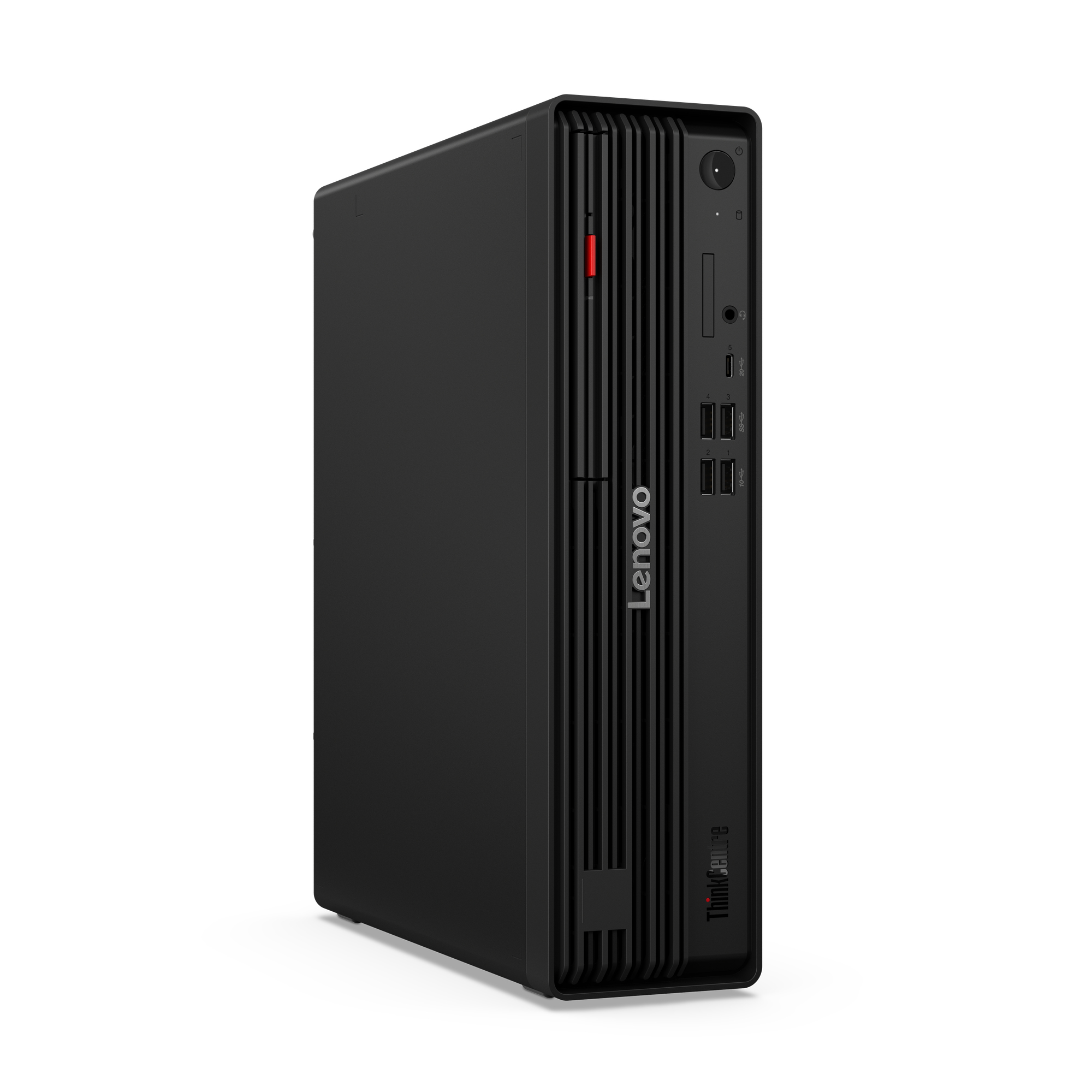 Un computer desktop Lenovo ThinkCentre nero è su una superficie bianca. Ha un pulsante di accensione, porte USB e una striscia rossa.