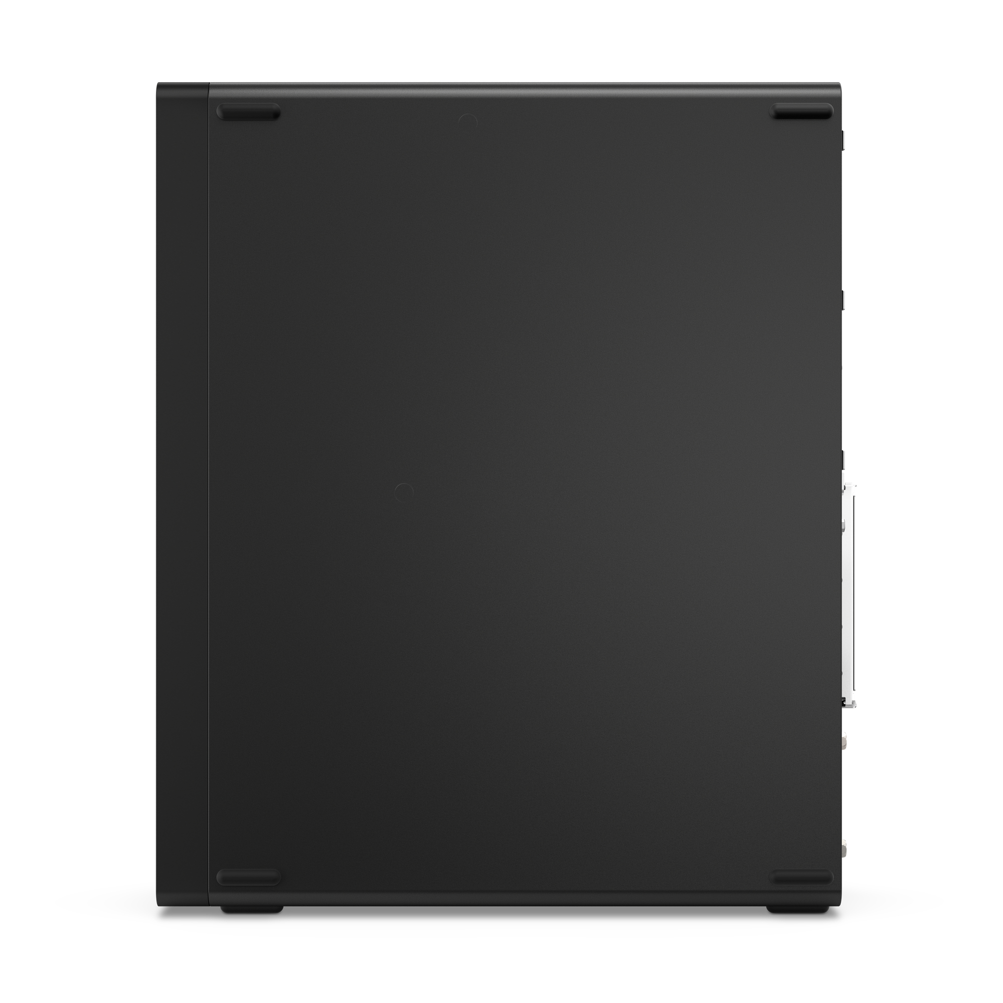 Un case nero per computer, vista dall'alto, su sfondo bianco. Ha una finitura liscia e opaca e piccoli piedini in gomma.