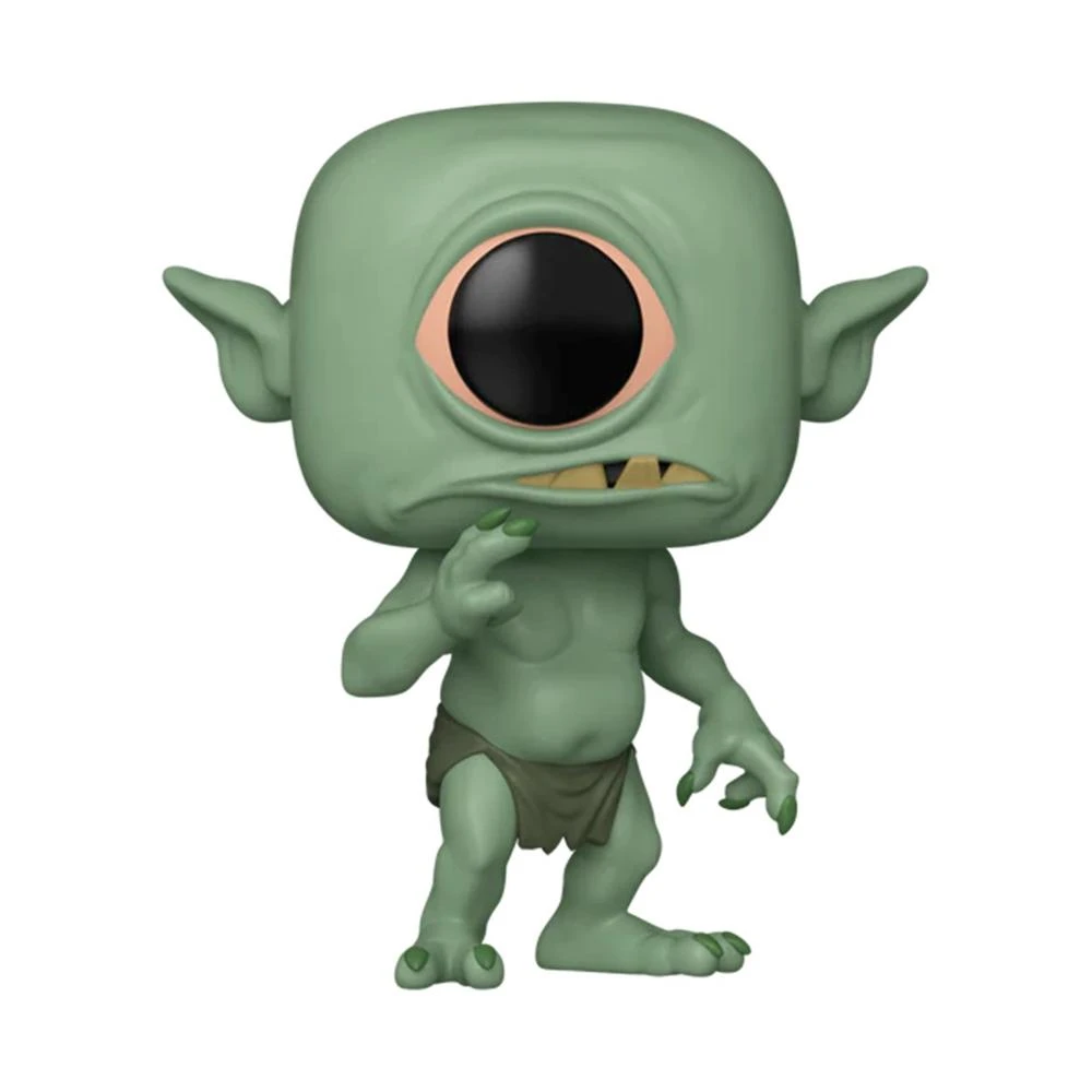 Grüne Zyklopen-Funko-Pop-Figur. Sie hat ein großes schwarzes Auge, spitze Ohren und einen Lendenschurz. Es ist eine stilisierte Figur.
