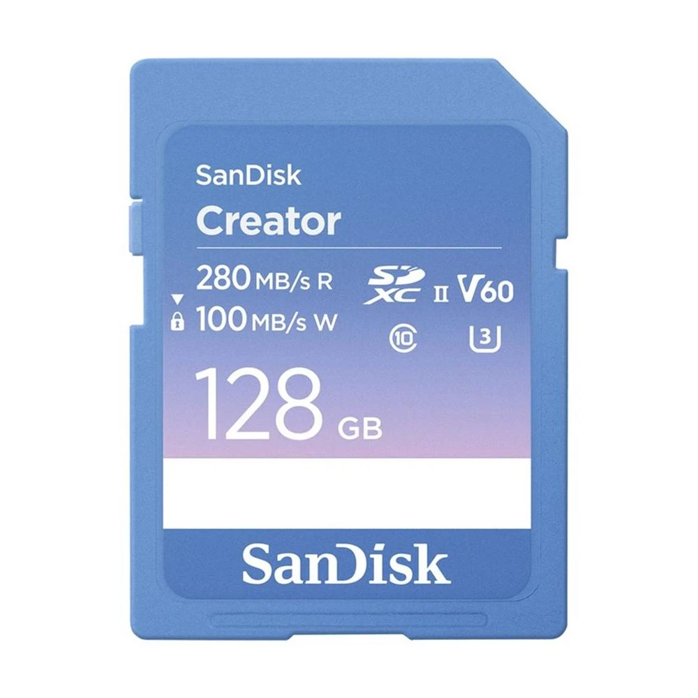 Eine blaue SanDisk Creator SD-Karte mit Text, der 128 GB, Lese-/Schreibgeschwindigkeiten und V60 angibt. Das SanDisk-Logo ist unten.