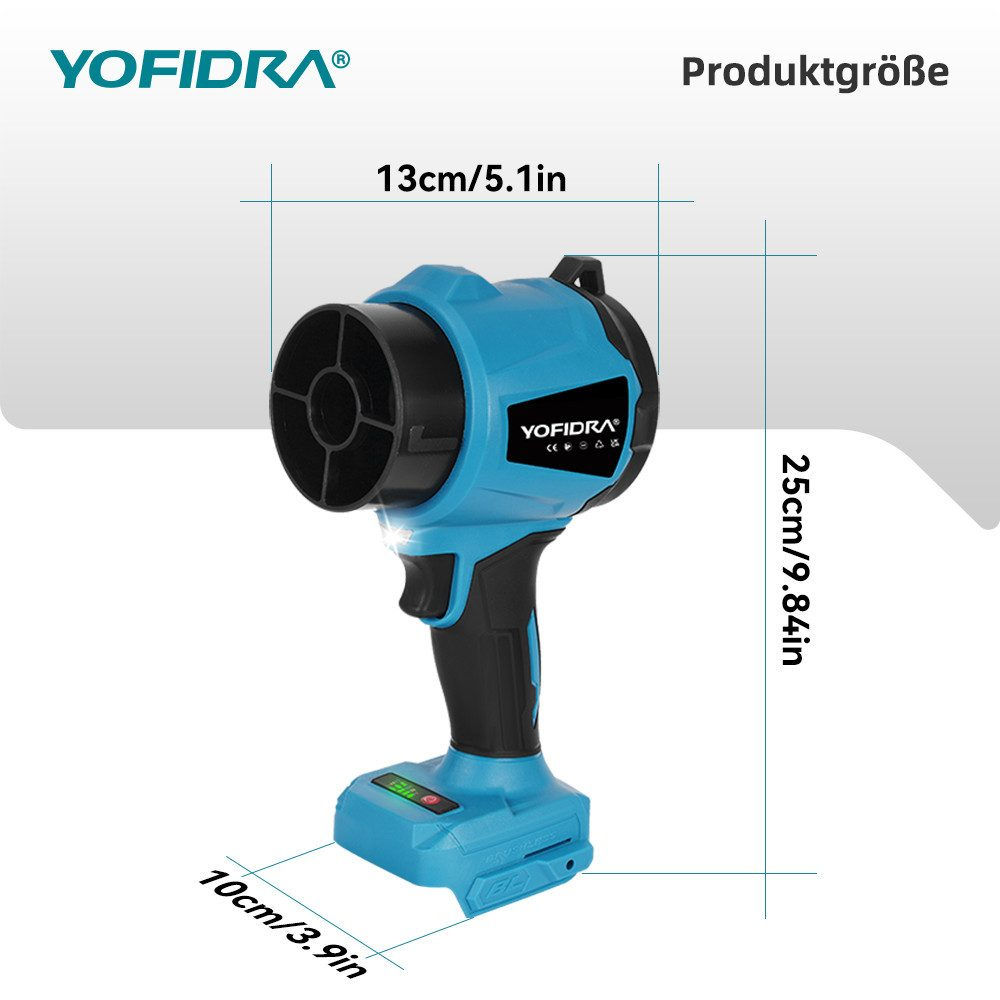 Eine blau-schwarze YOFIDRA-Heißluftpistole mit den angegebenen Abmessungen: 13 cm/5,1 Zoll, 25 cm/9,84 Zoll und 10 cm/3,9 Zoll. Produktgröße auf Deutsch.
