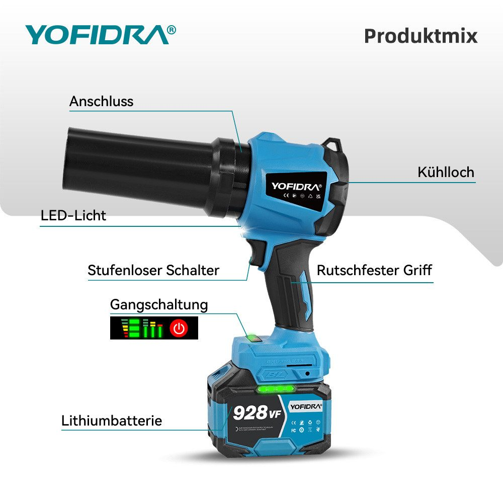 Eine blaue und schwarze Yofidra-Taschenlampe. Sie hat ein LED-Licht, eine Lithiumbatterie und einen rutschfesten Griff. Etiketten beschreiben die Funktionen.