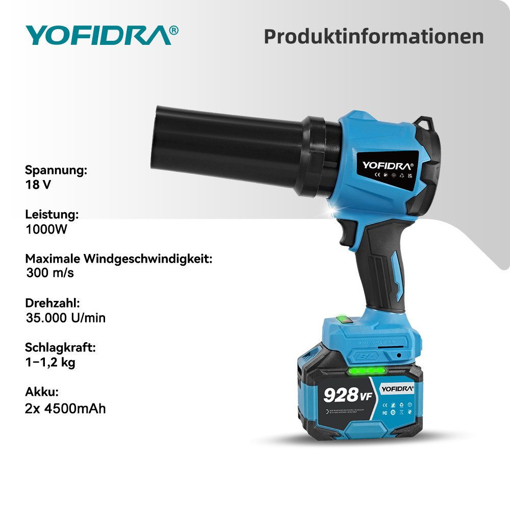 Blaues und schwarzes Yofidra-Elektrowerkzeug mit Produktinformationen. Das Werkzeug hat einen Akkupack.