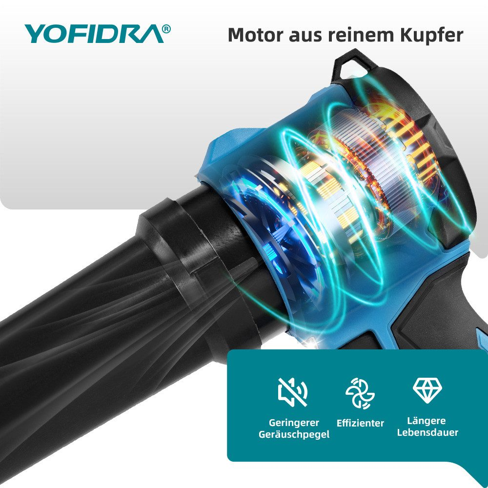 Eine Abbildung eines Elektrowerkzeugs mit blauem und schwarzem Design, das interne Komponenten mit leuchtenden blauen Linien zeigt und deutschen Text enthält.