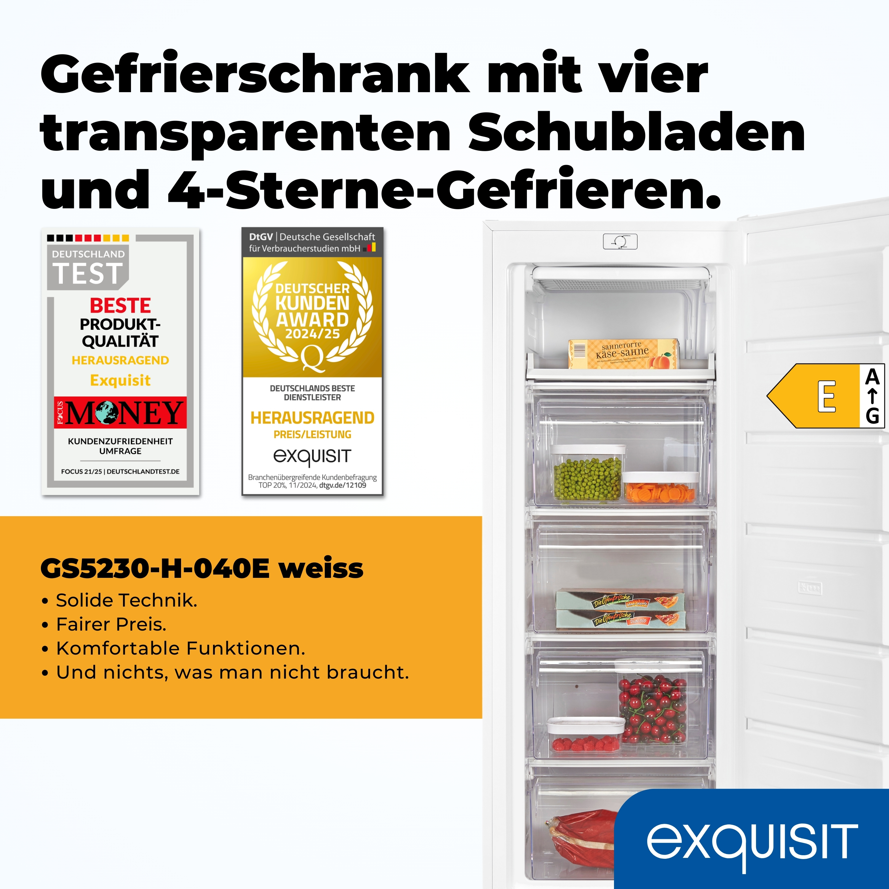 Ein weißer Gefrierschrank mit vier transparenten Schubladen voller Lebensmittel. Es hat Auszeichnungen und den Markennamen 'exquisit'.