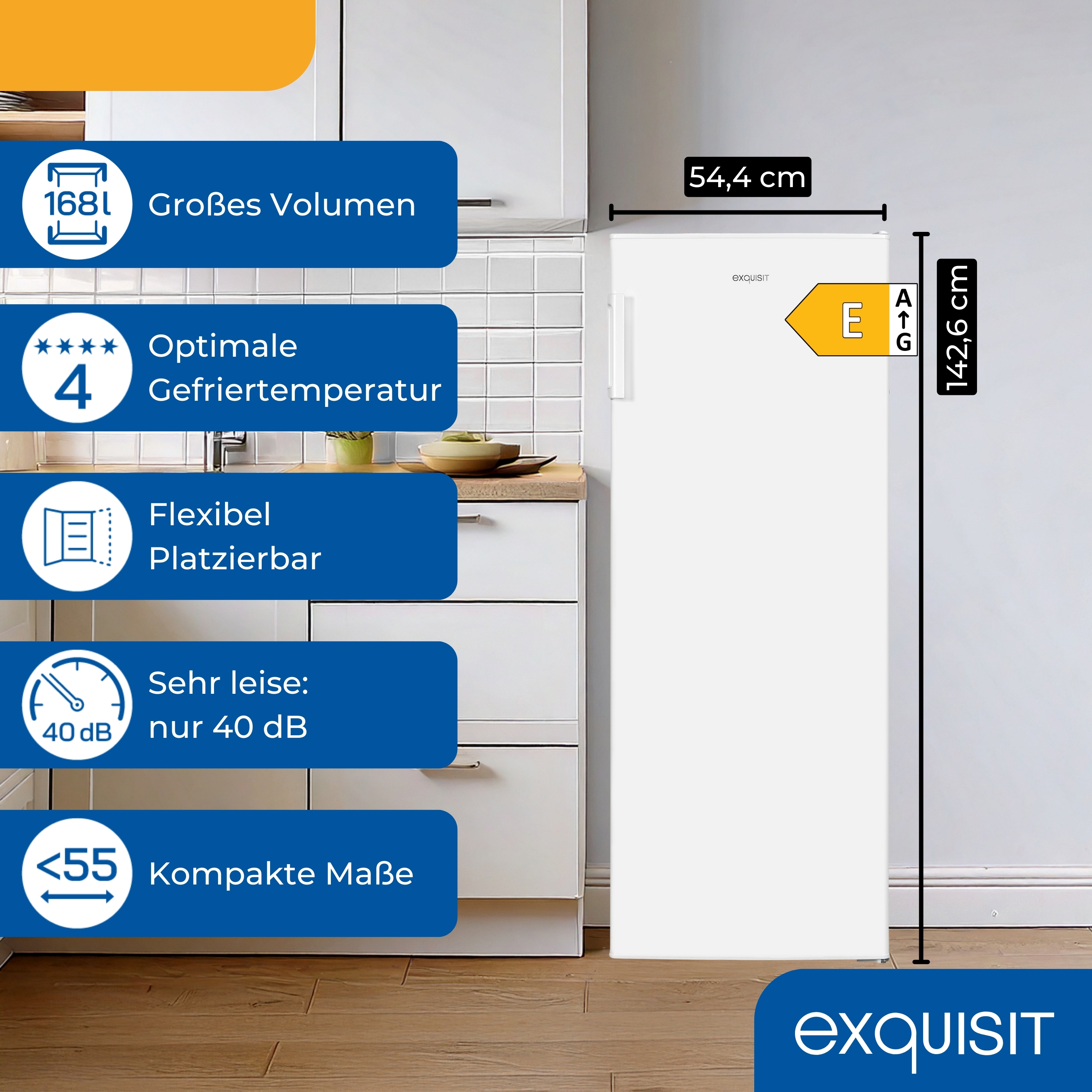 Ein weißer Kühlschrank mit Spezifikationen. Er hat eine Höhe von 142,6 cm und eine Breite von 54,4 cm. Die Marke ist Exquisit.