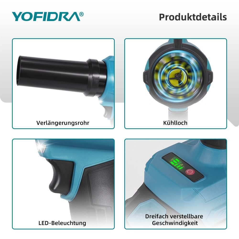 Produktdetails: Verlängerungsrohr, Kühllöcher, LED-Beleuchtung und einstellbare Geschwindigkeitseinstellungen auf einem türkisfarbenen Elektrowerkzeug.