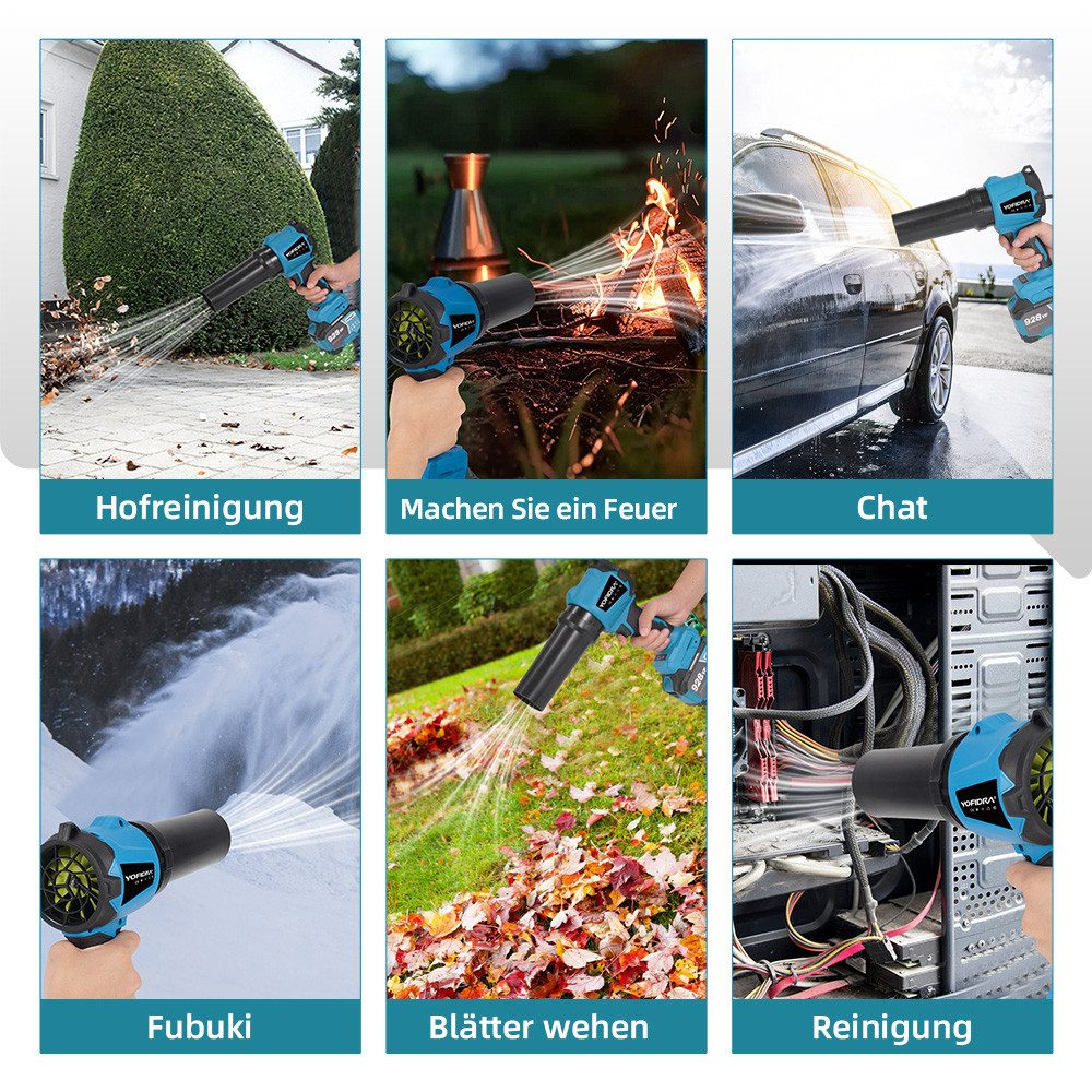 Eine Person verwendet ein blaues und schwarzes Handgebläse in verschiedenen Umgebungen: Blätter reinigen, Feuer machen, Auto, Schnee, Gras mit Blättern und Computer.