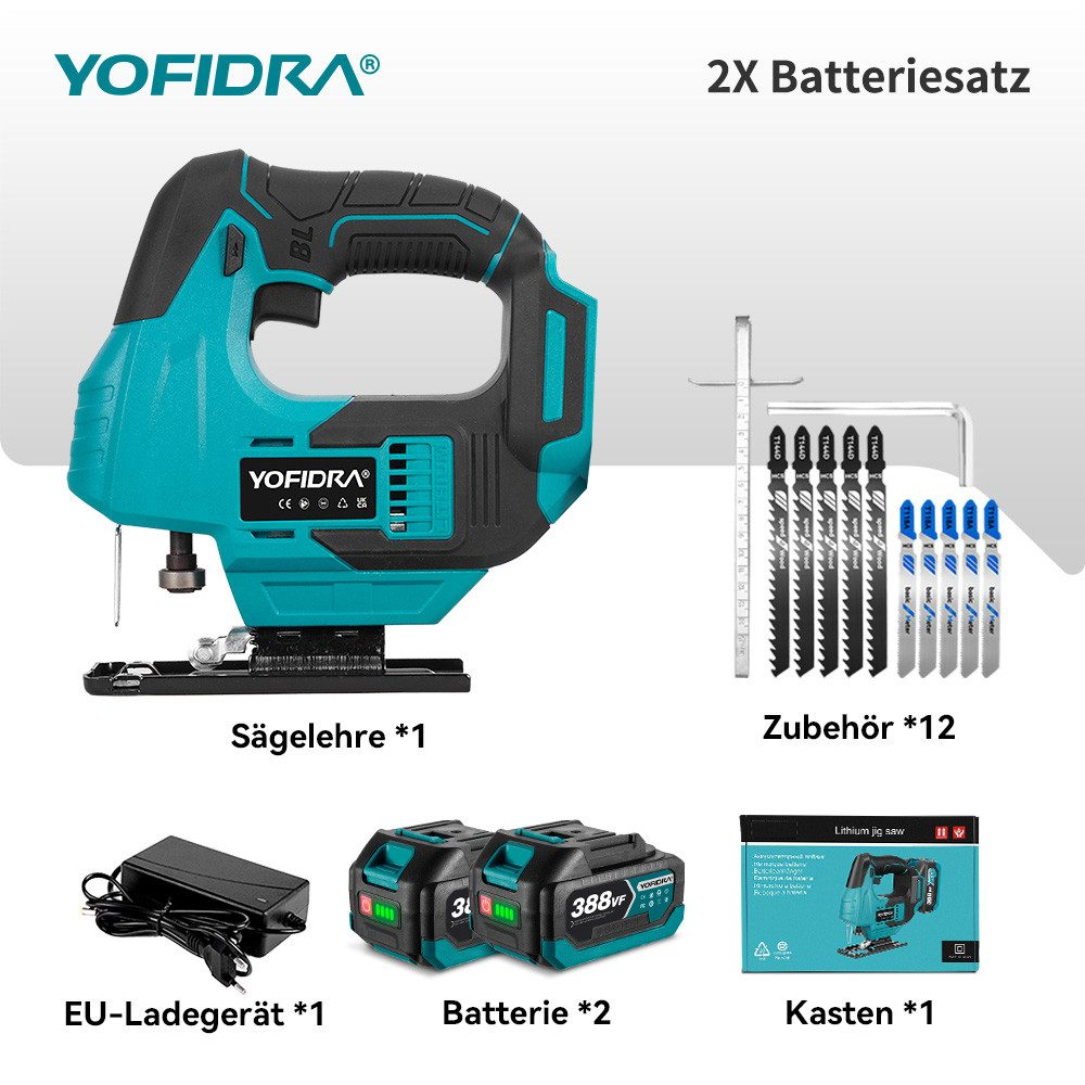 Eine blaugrüne und schwarze Stichsäge mit Zubehör: Klingen, Batterien, Ladegerät und eine Box. Die Marke ist YOFIDRA.