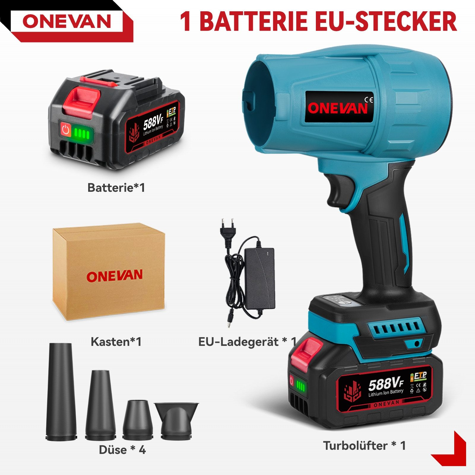 Das Bild zeigt ein ONEVAN-Elektrowerkzeug-Kit mit Akku, Ladegerät, Düsen und einem Lüfter. Das Kit ist schwarz und blaugrün.