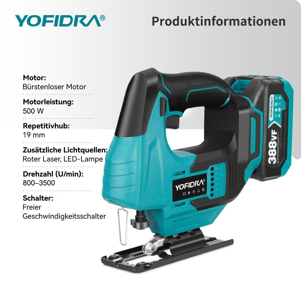Eine türkis-schwarze Yofidra-Stichsäge mit Akku. Text links listet Motorspezifikationen auf. Produktinformationen oben.