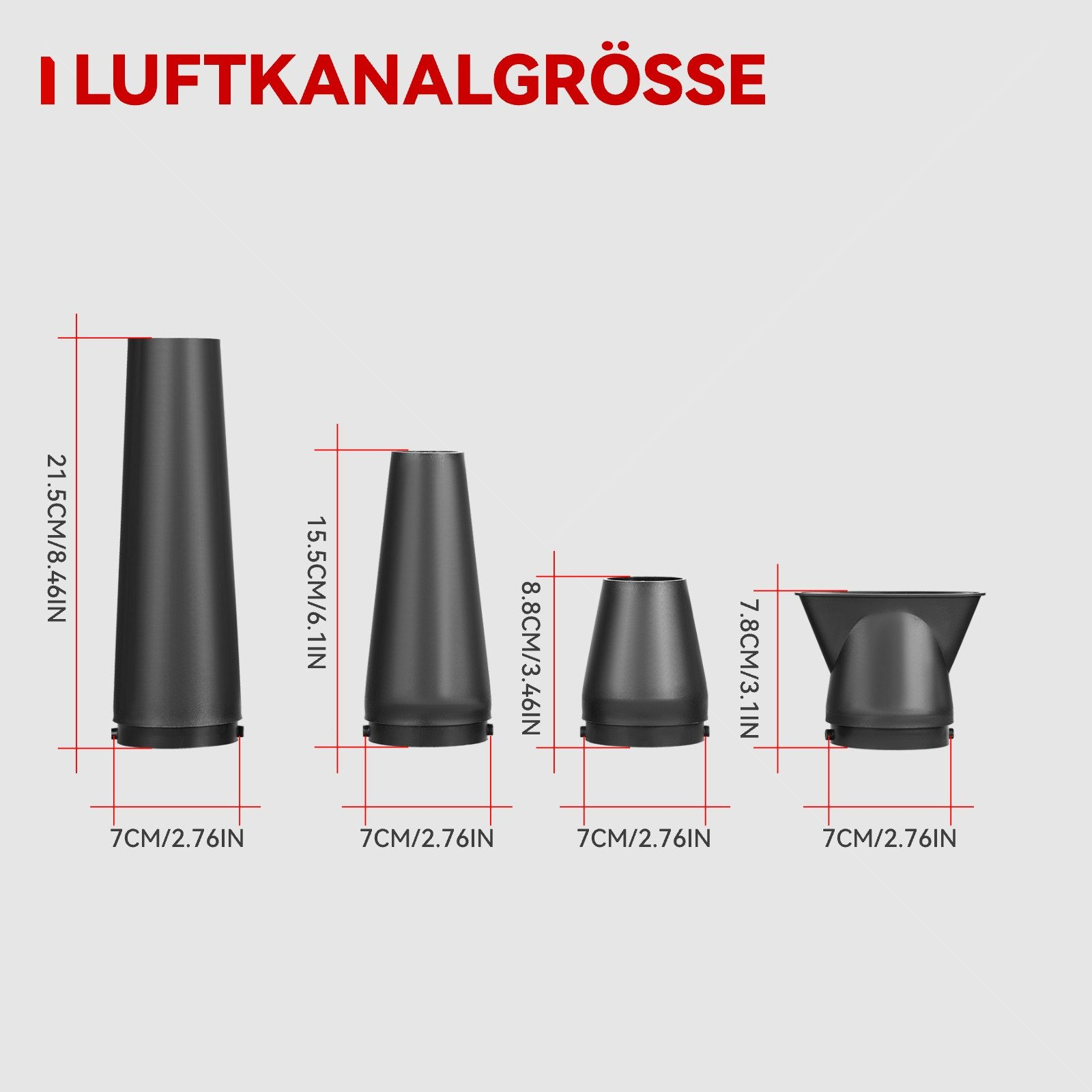 Das Bild zeigt vier schwarze Aufsätze mit Maßangaben auf hellgrauem Hintergrund.