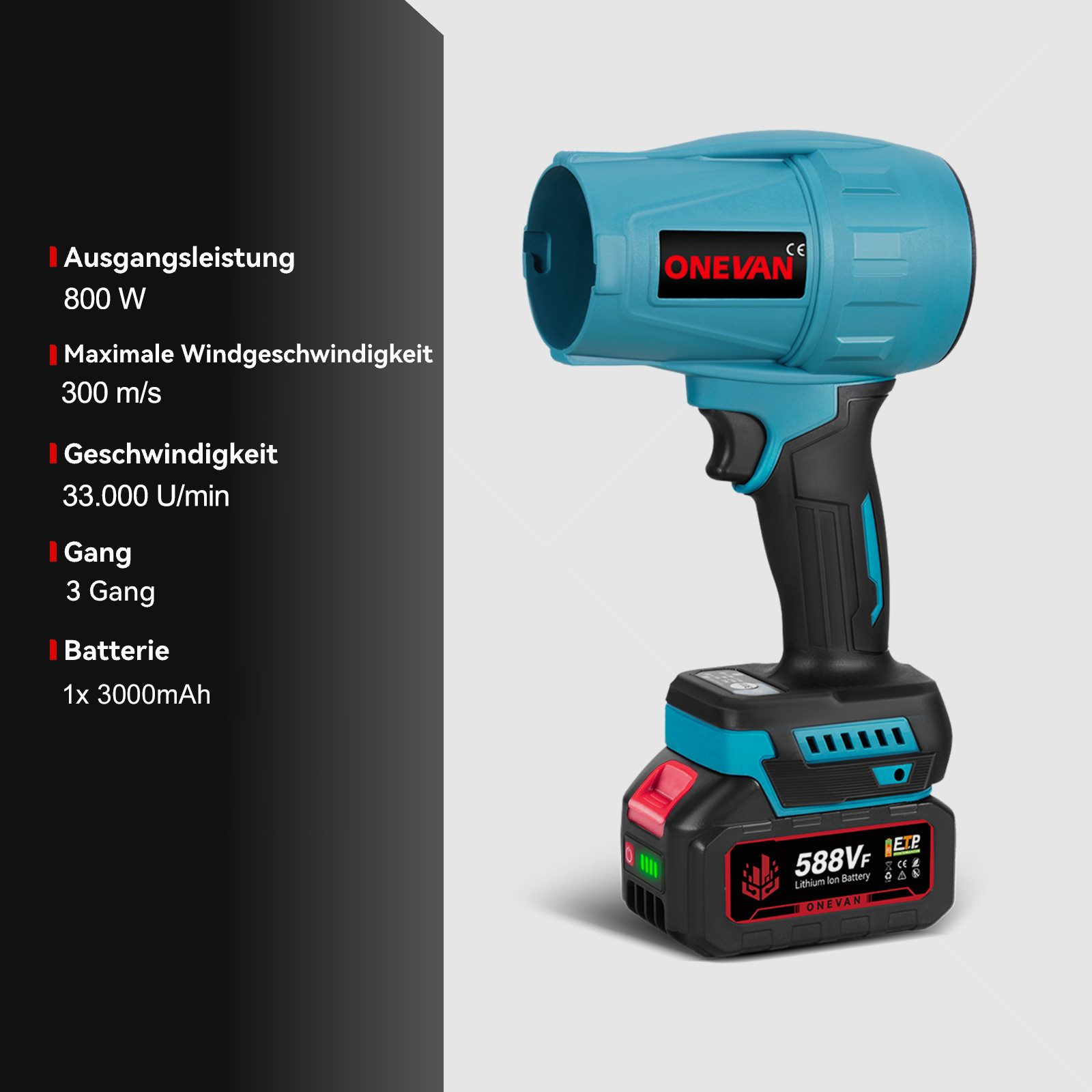 Ein blaugrüner und schwarzer ONEVAN Akku-Bläser. Zu den Spezifikationen gehören 800 W Leistung, 300 m/s max. Geschwindigkeit und ein 3000 mAh Akku.