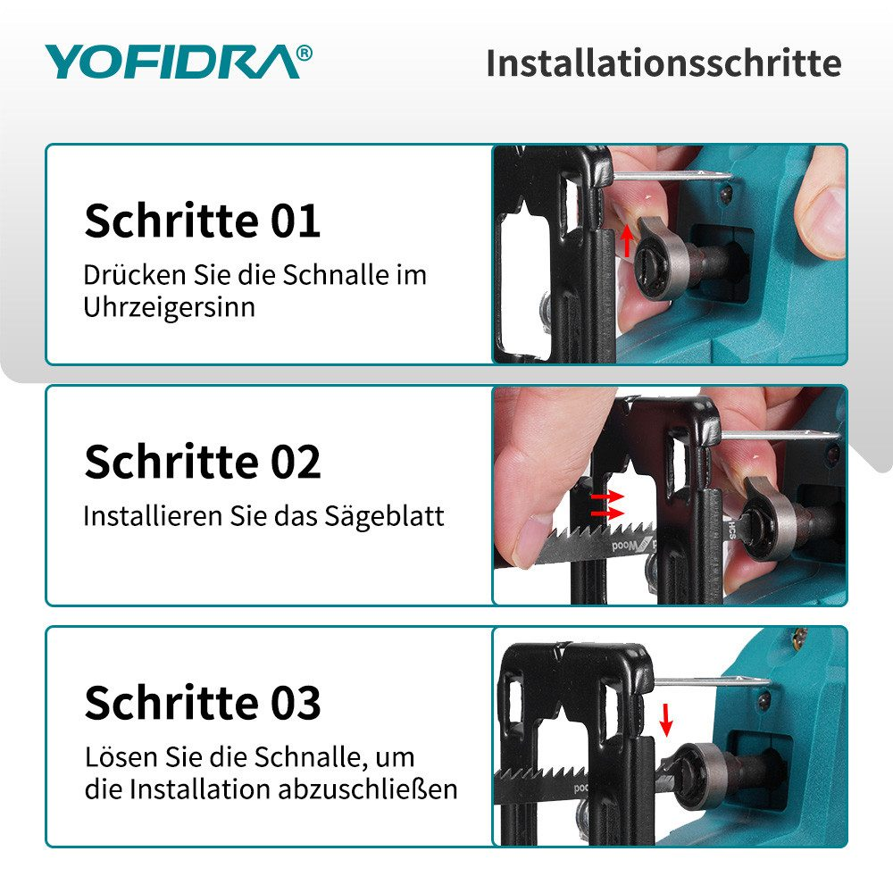 Anleitung zum Einsetzen eines Stichsägeblatts. Schritte zeigen das Drücken einer Schnalle, das Einsetzen der Klinge und das Lösen der Schnalle.