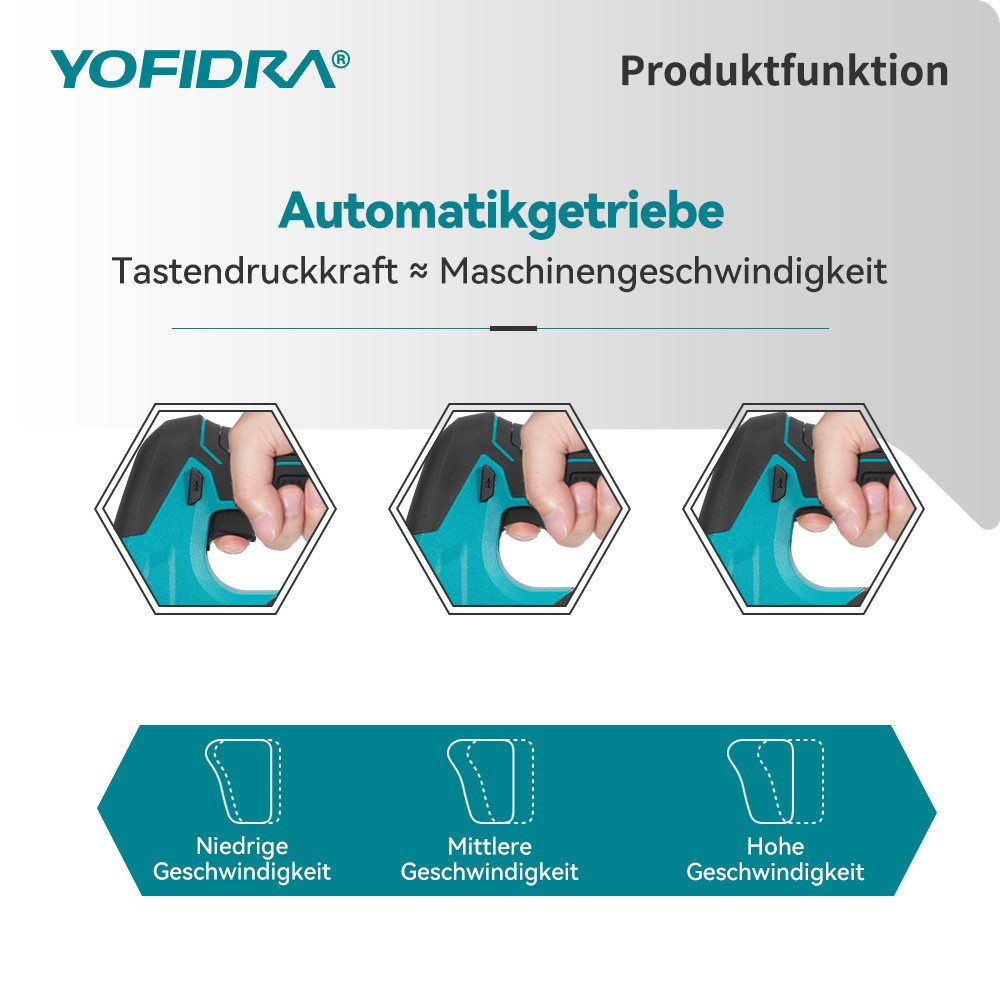 Das Bild zeigt drei Hände, die ein Werkzeug greifen, um Geschwindigkeitseinstellungen zu veranschaulichen. Text: 'Automatgetriebe' und 'Produktfunktion'.